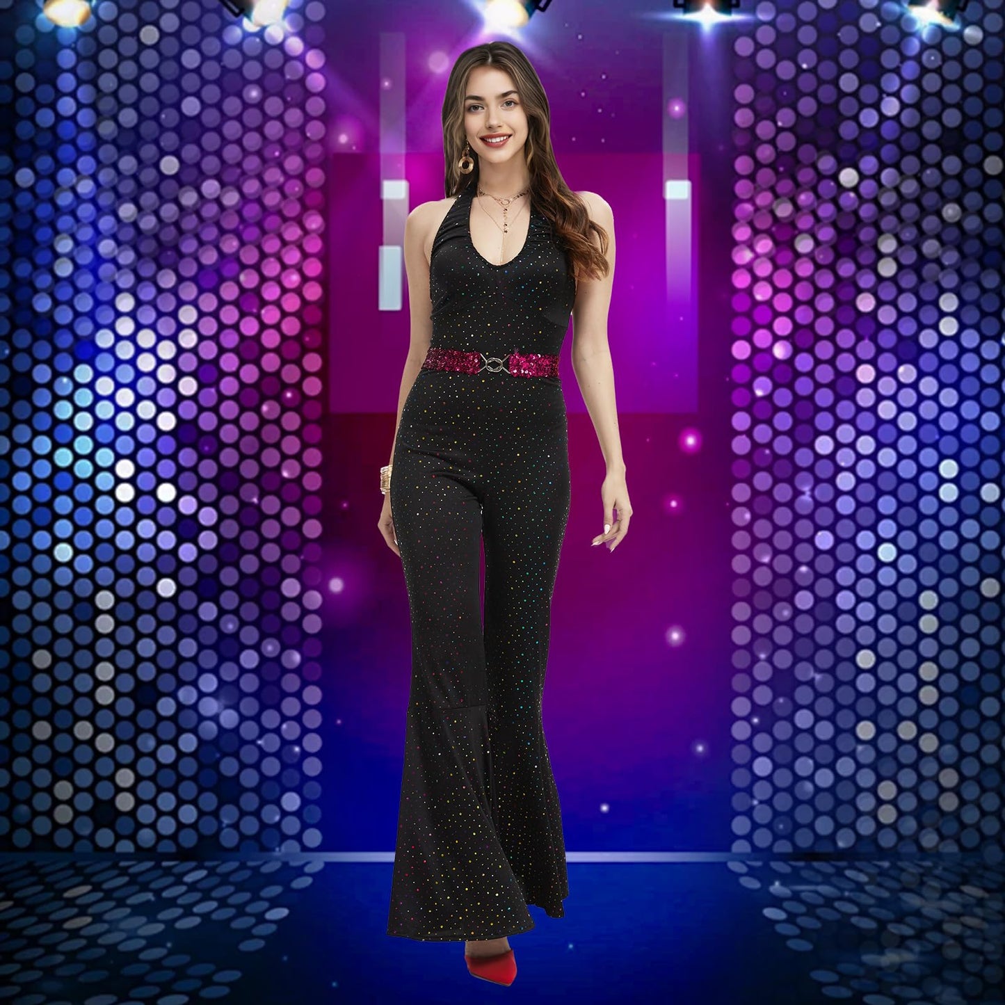 70s Disco Costume for Women - 70s Sequin Jumpsuit - Disco Accessory (image 5)
