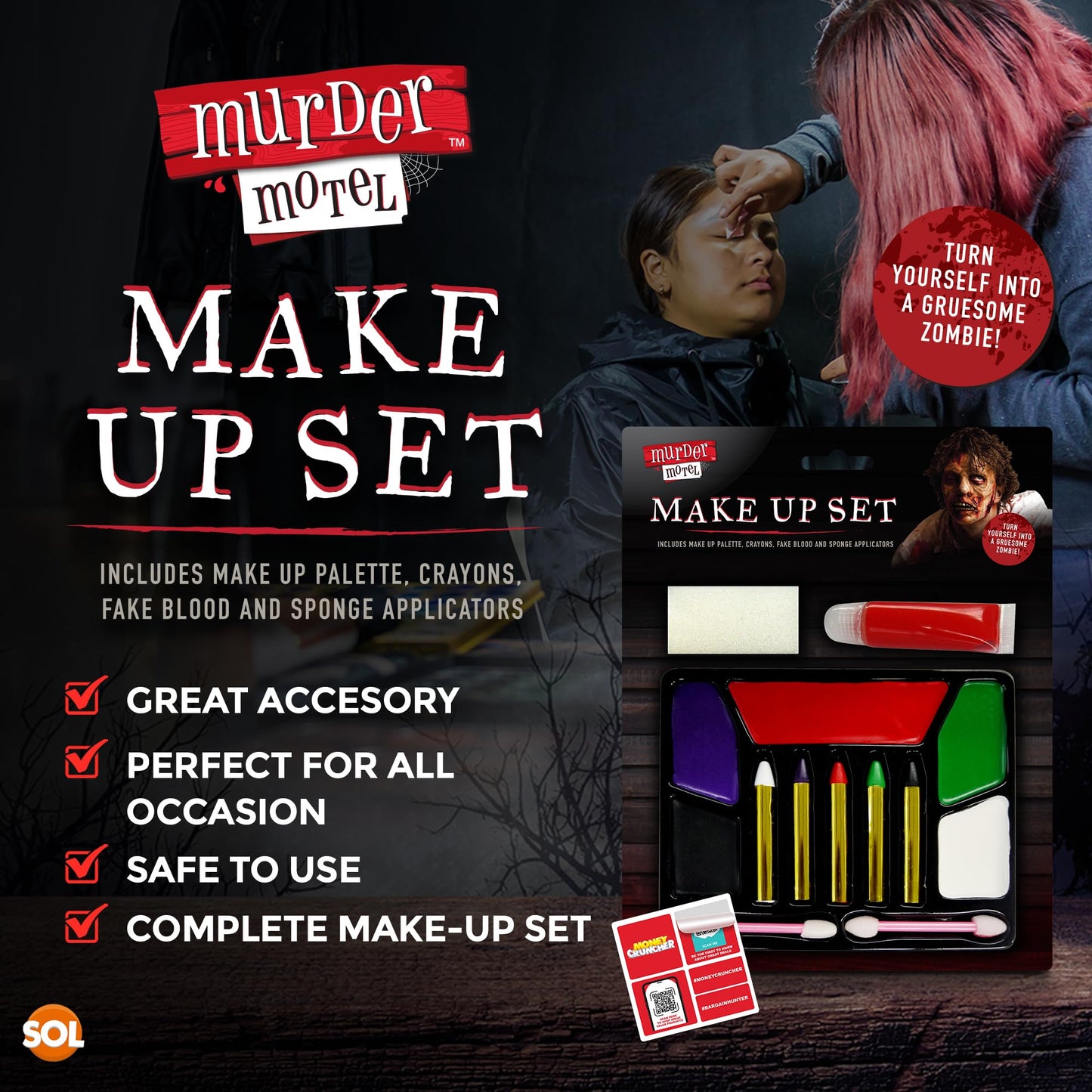 SOL 1pk Zombie Makeup Set, Includes Face Paint Colour Palette, Crayons, Fake Blood and Sponge, Halloween Vampire SFX Make Up Kit for Children, Special Effects Face Paint Set for KIds and Adults