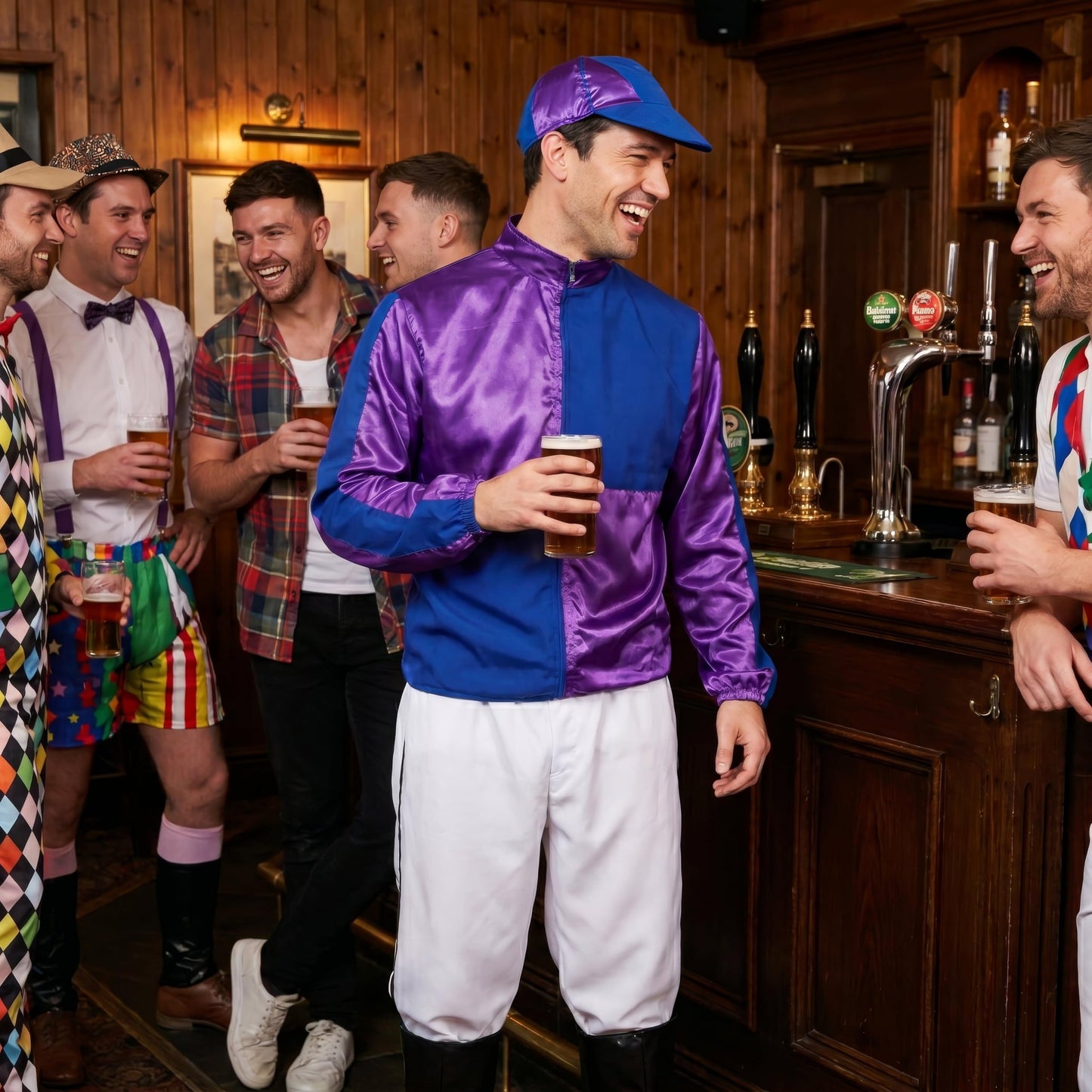 HENBRANDT Adult Men’s Blue and Purple Horse Jockey Outfit with Peaked Hat and Boot Covers Sports Fancy Dress Costume Racing Jockey Dress Up Outfit One Size Mens Fancy Dress Costume