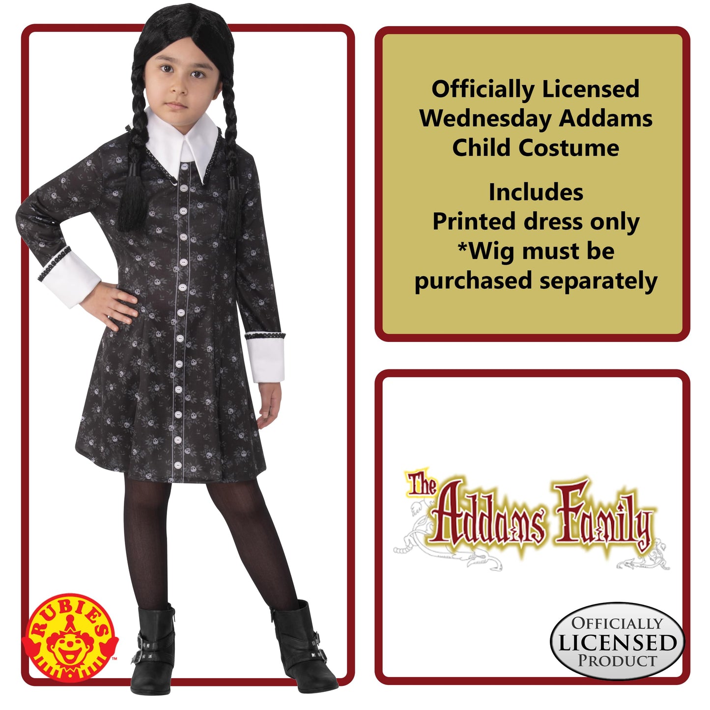 Rubies 702624M000 Family Wednesday Addams Child Costume Fancy Dress, Girls, Multi, 5-7 Years Halloween