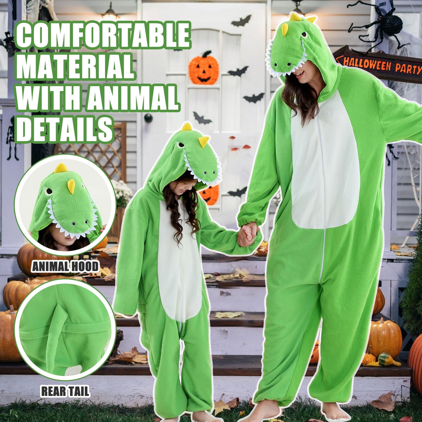 COOKY.D Unisex Animal Parent-Child Hooded Cosplay Pyjamas All in One Jumpsuit Halloween Gaming Costume Girls Boys Sleepsuit Family Outfits,Dinosaur 3-4T