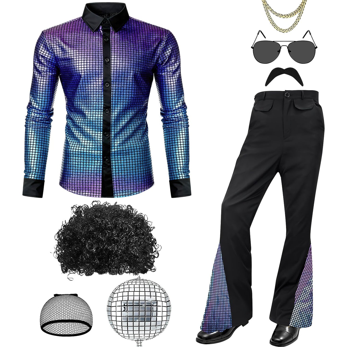70s Disco Outfit for Men 60s Costume with Retro Shirt Bell Bottom