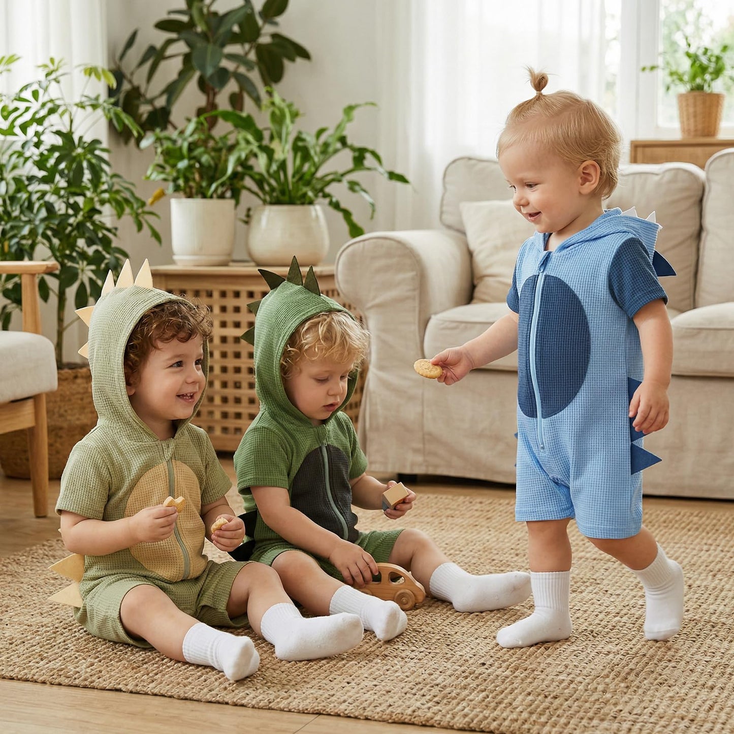 JCOPLY Newborn Baby Boy Romper Infant One Piece Outfit Dinosaur Backbone Decor Short Sleeve Zip Up Hooded Jumpsuit Waffle Overalls Summer Clothes 0-12M (Green, 0-3 Months)