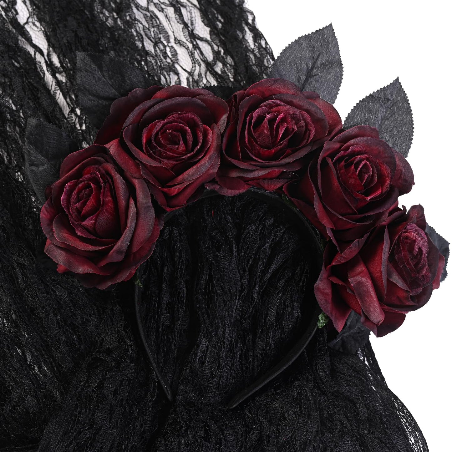 Merroyal women day of the dead headpiece Halloween accessory Photo props. (Burgundy Flower Black Leaf +Veil)