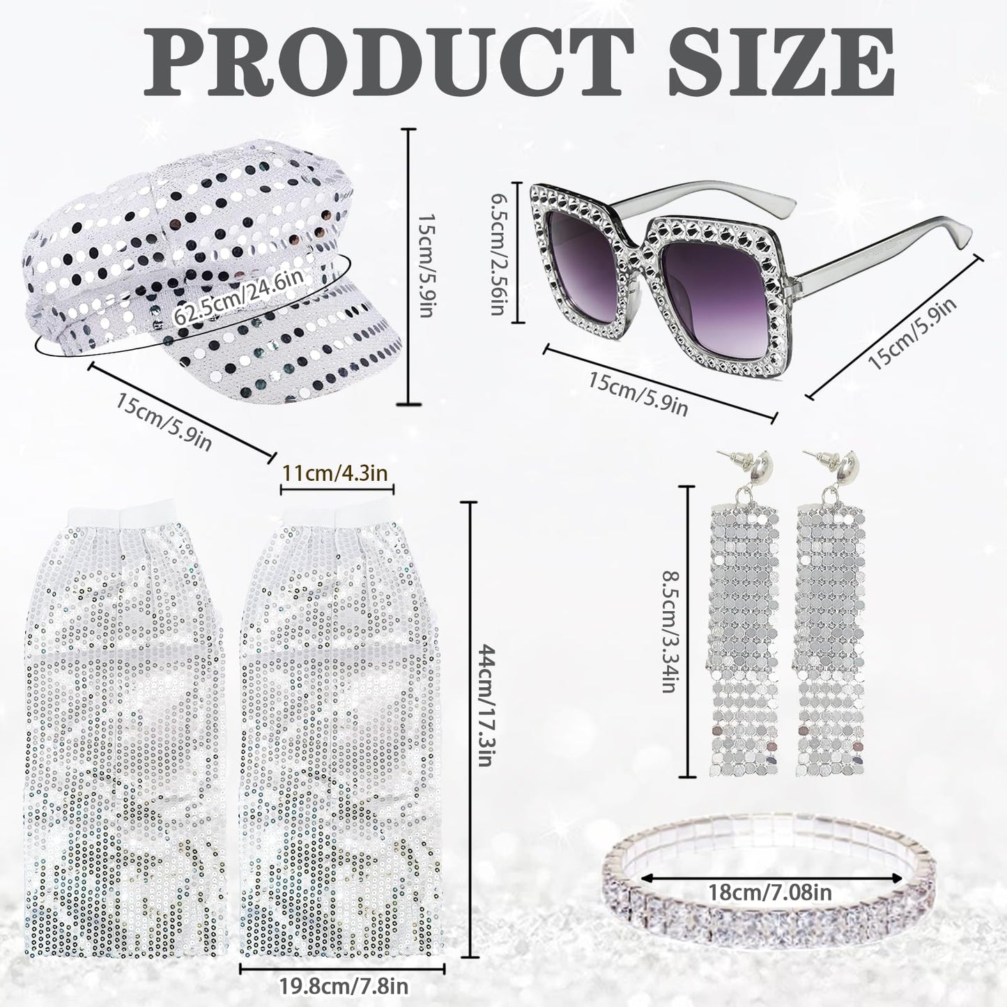 Xerteam 6Pcs 70s Disco Accessories, 70s Fancy Dress Women Accessories, Sequin Hat Frame Bling Sunglasses Earrings Leg Warmers, Disco Costume Set for Women Retro 70 Theme Party Hippie Costume (Silver)