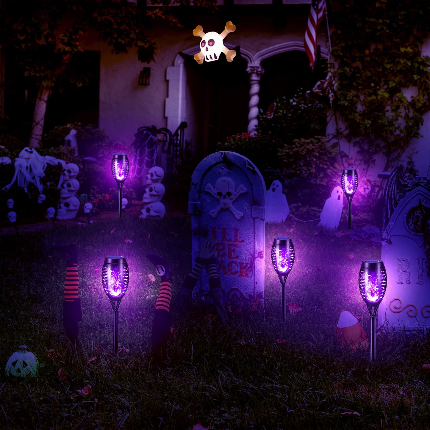 Geemoo 6 Pack Solar Flickering Dancing Flame Lights Purple Waterproof Solar Torch Lights for Outdoor Garden Patio Pathway Yard Driveway Halloween Decorative