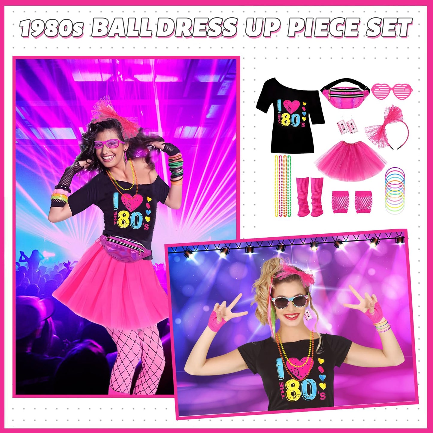 80s Fancy Dress Accessories for Women, Including T-Shirt Tutu Skirt Bumbag Leg Warmers Gloves Glasses Headband Earrings Necklace Bracelets 1980s Costume Outfits for Ladies Girls Hen Party