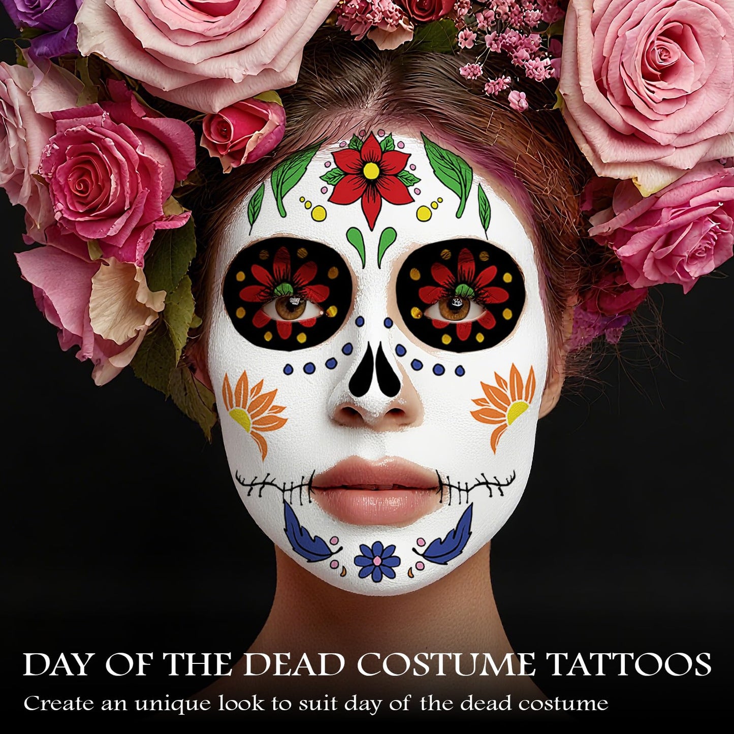 Leesgel Day of the Dead Costumes Face Tattoo, 9 Sheets Temporary Tattoos Stickers for Day of the Dead Mask Face Paint Makeup Accessories, Dia de Los Muertos Halloween Decorations