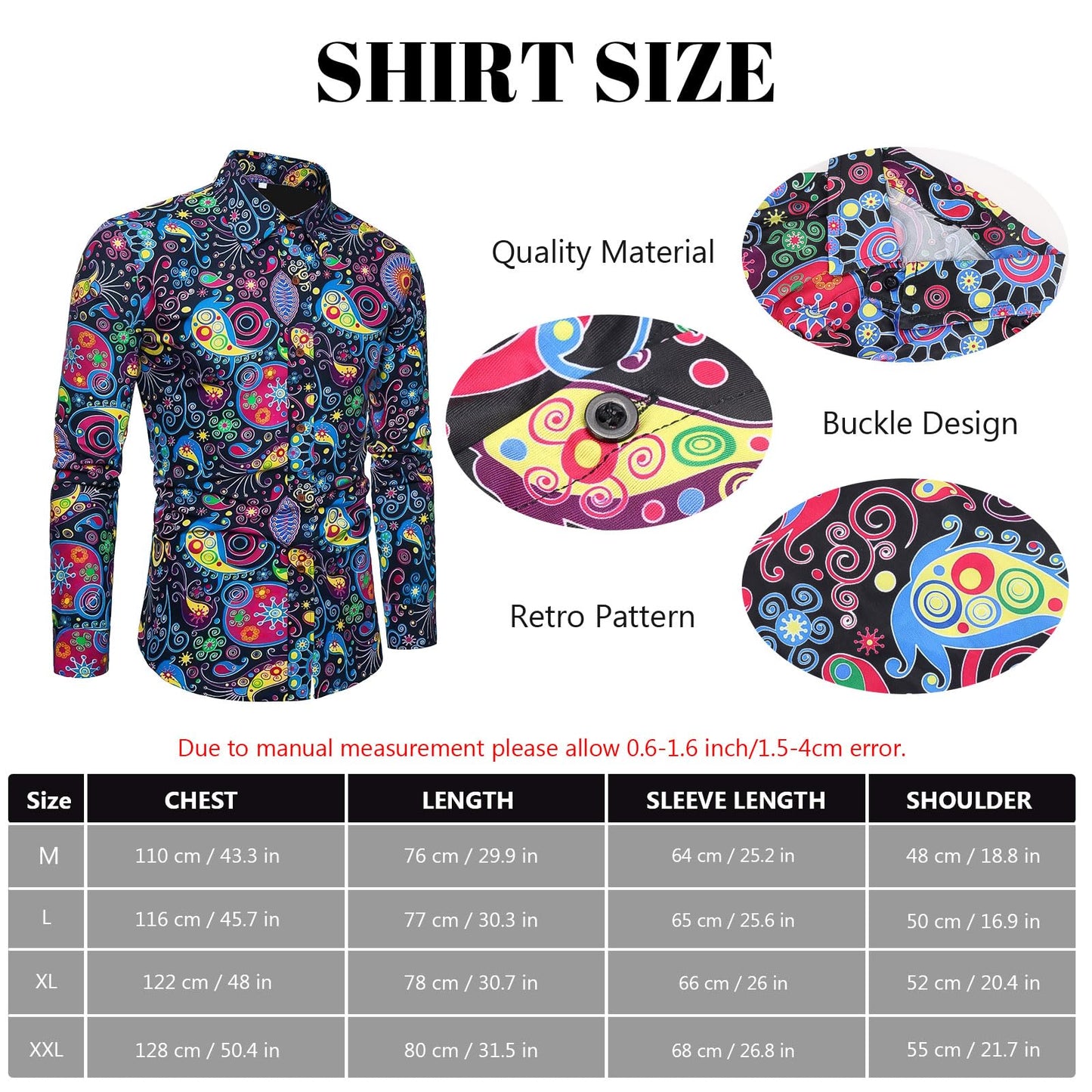 Malloom 70s Fancy Dress Mens, 6 Pcs Disco Hippie Costume Set with Printed Shirt, Flare Pants & Retro Accessories, 60s 70s Theme Party Outfit for Adults (XL)