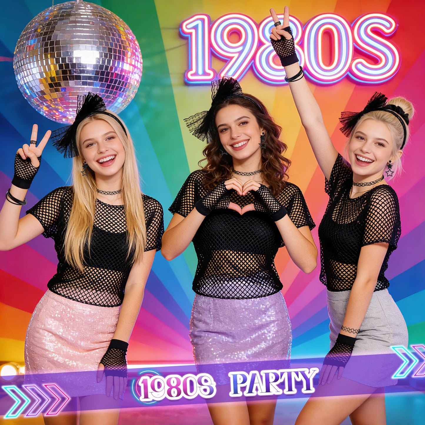 Dazzroi 80s Women Costume Accessories Set, 20Pcs 1980s Party Costume Set Includes Black Fishing Net T-shirt Gloves Headband Earrings Scrunchie Necklace Bracelets Ring for Retro 80s Party