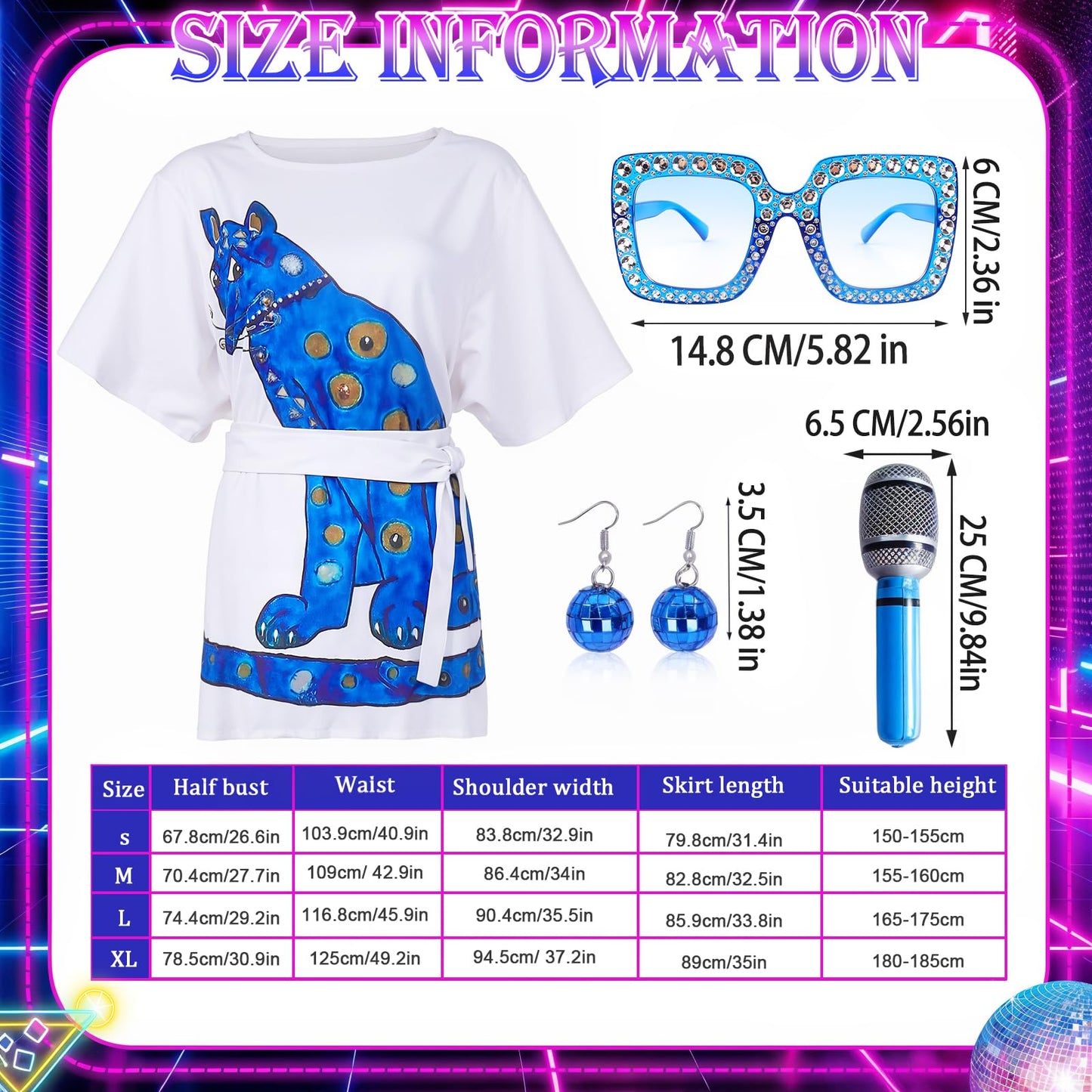 Kyndara 4Pcs Abba Costumes for Women, 70s Disco Fancy Dress Kit with 70s Vintage Dress Glasses Disco Ball Earrings Inflatable Microphone for Girls Theme Party Birthday Dance (Style-2, S)