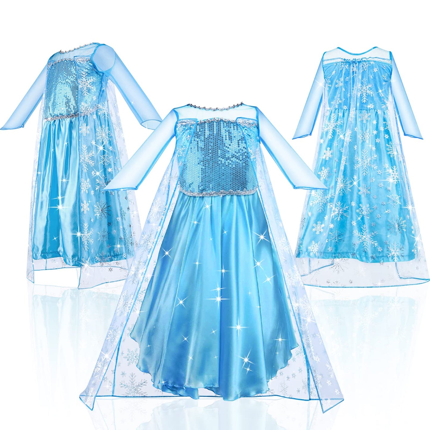 URAQT Princess Costumes for Girls, Snow Queen Princess Dress up, Ice Snow Princess Costume with Fairy Wand and Crown Tiara, Deluxe Girls Fancy Dress for Party Cosplay Bridesmaid Pageant(130)