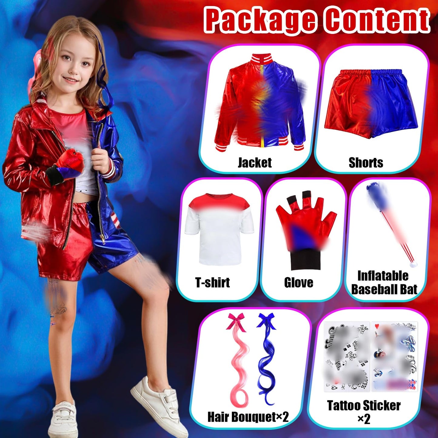 Kitimi Costumes for Kids Girls- Villain Halloween Fancy Dress Outfits Set Carnival Cosplay Costume Kit Include Jacket, T-Shirt, Shorts, Gloves, Wig, Tattoo, Baseball Bat for Theme Party Children 150