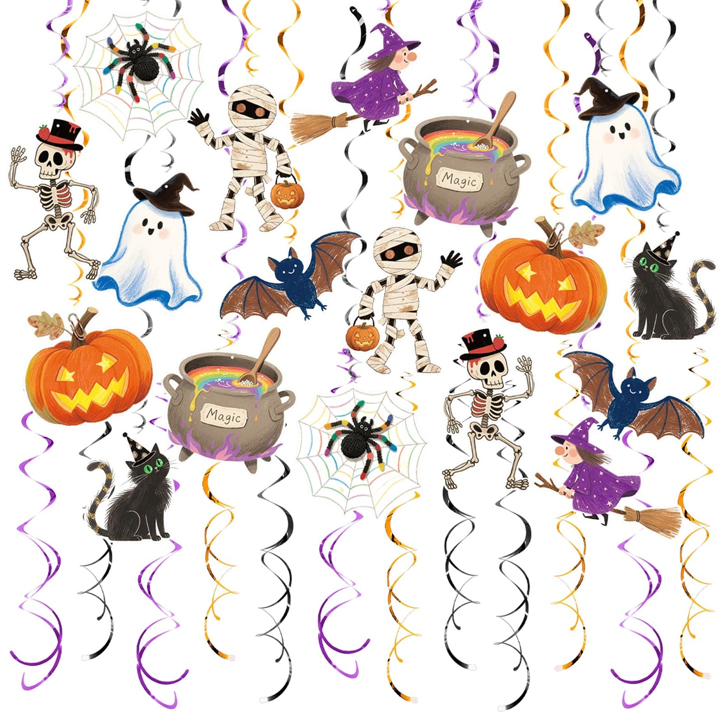 Vsosfiza Halloween Hanging Swirl Set Party Decorations, 48 Pcs,Ghost Pumpkin Skull Cat Witch Party Supplies Sign,Black purple Orange