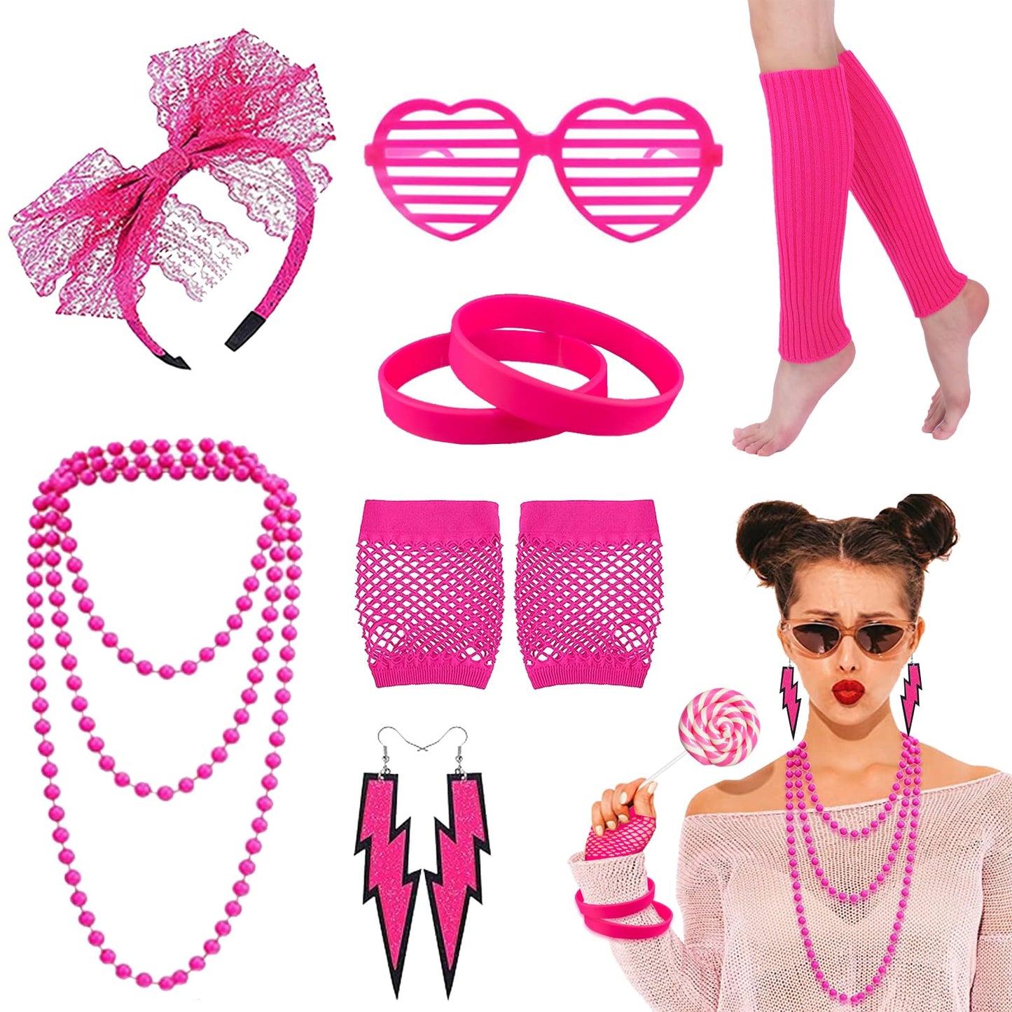 Ronilp 80s Fancy Dress for Women, Pink 1980s Accessories for Women Costume Accessories Set with Leg Warmer Necklace Bracelet Bow Headband Fishnet Gloves Earrings Hollow Glasses