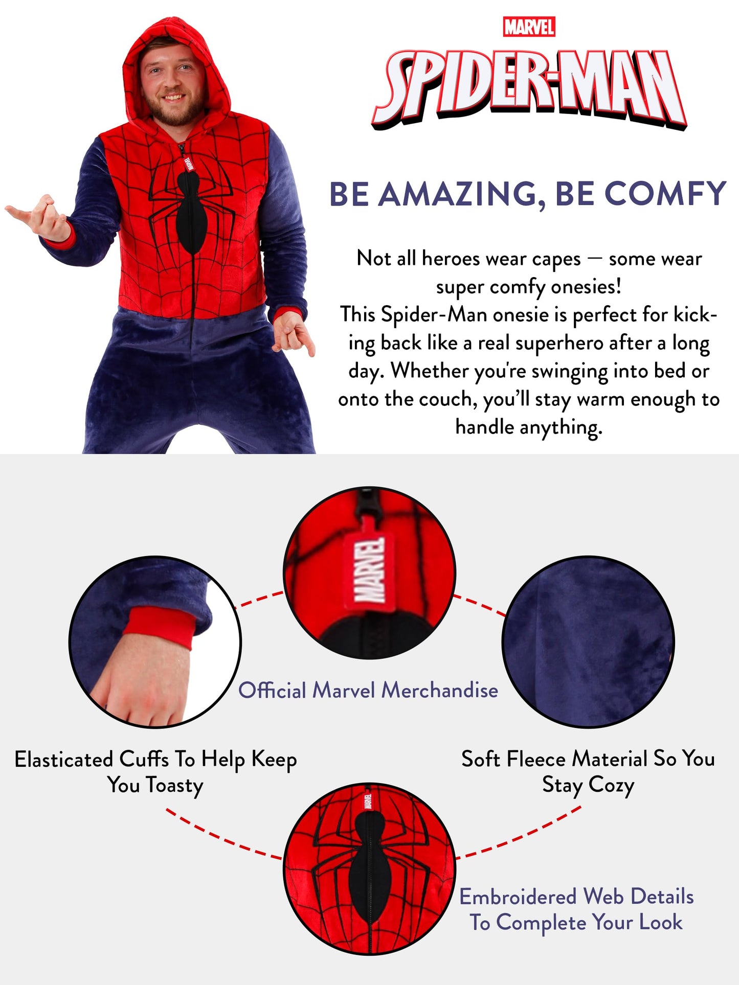 Marvel Onesies For Men | Mens Spiderman Onesie | Spiderman Costume Adult | Medium Multicolor