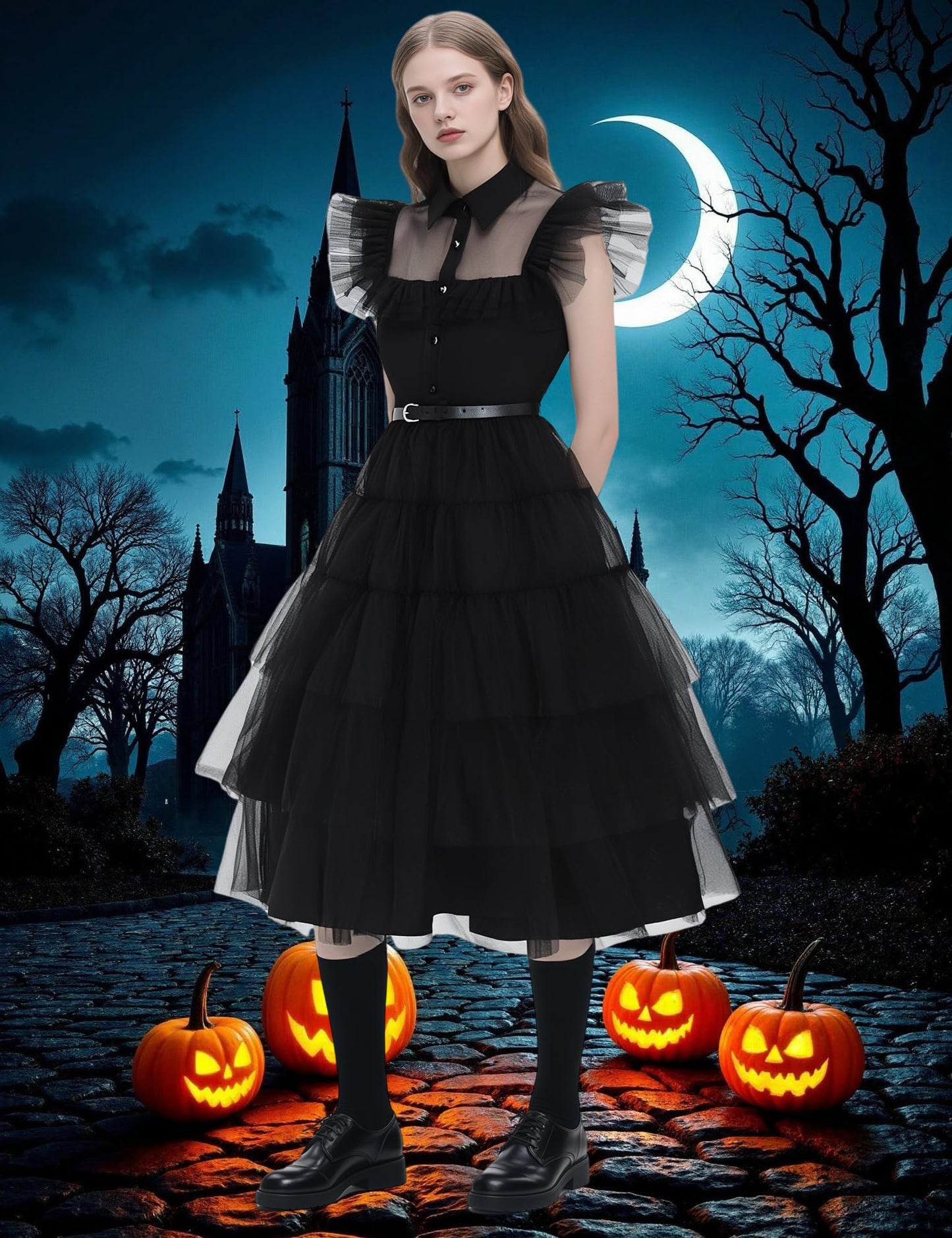 Enenblau Wednesday Addams Costume Women's Ball Gown Black Tulle Dance Dress Gothic Style Halloween Costume Set Including Knee Stockings, Chain, Hair Clip EB003XL