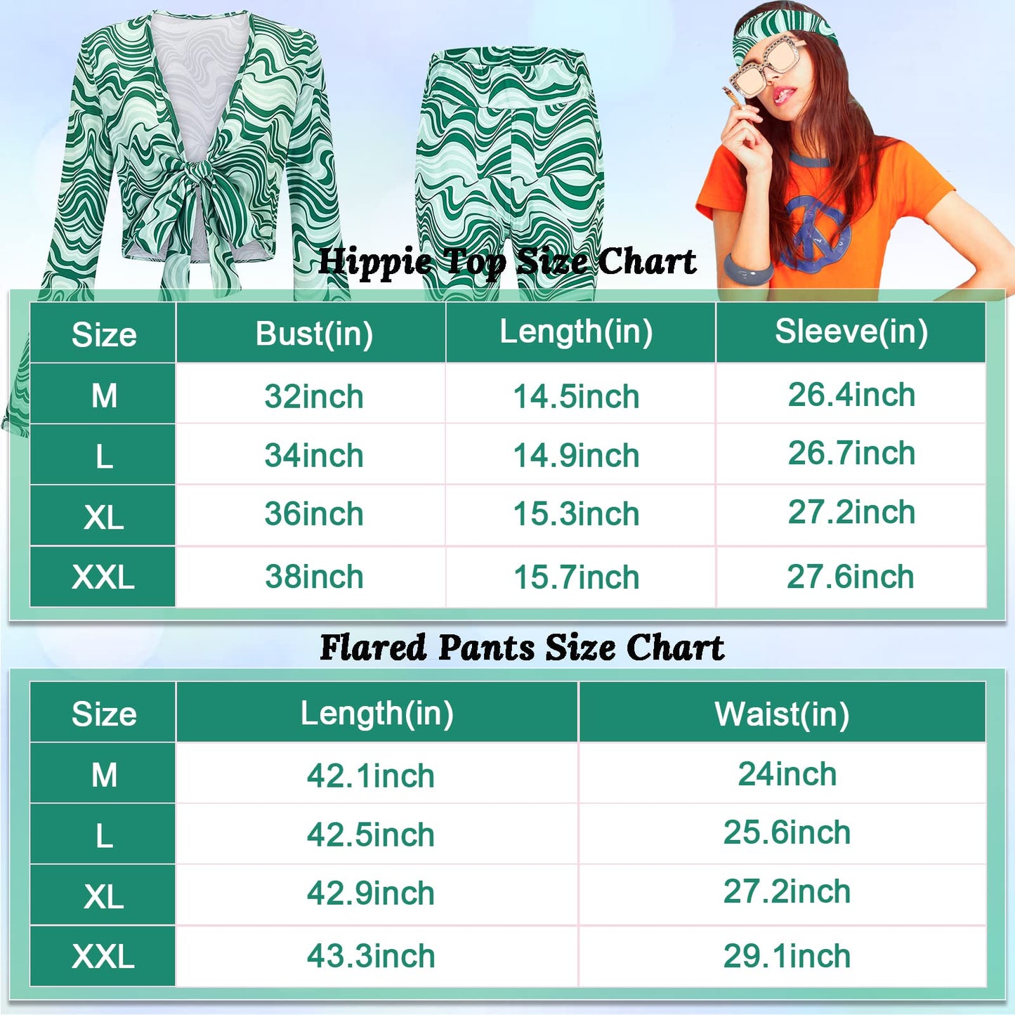 60/70s Disco Fancy Dress for Women, 1970s Hippie Costume Outfit with Flared Top Trousers Headband Necklace Earrings Bracelet Waist Chain Glasses Hippy Style Clothes for Ladies Dress Up Retro Party