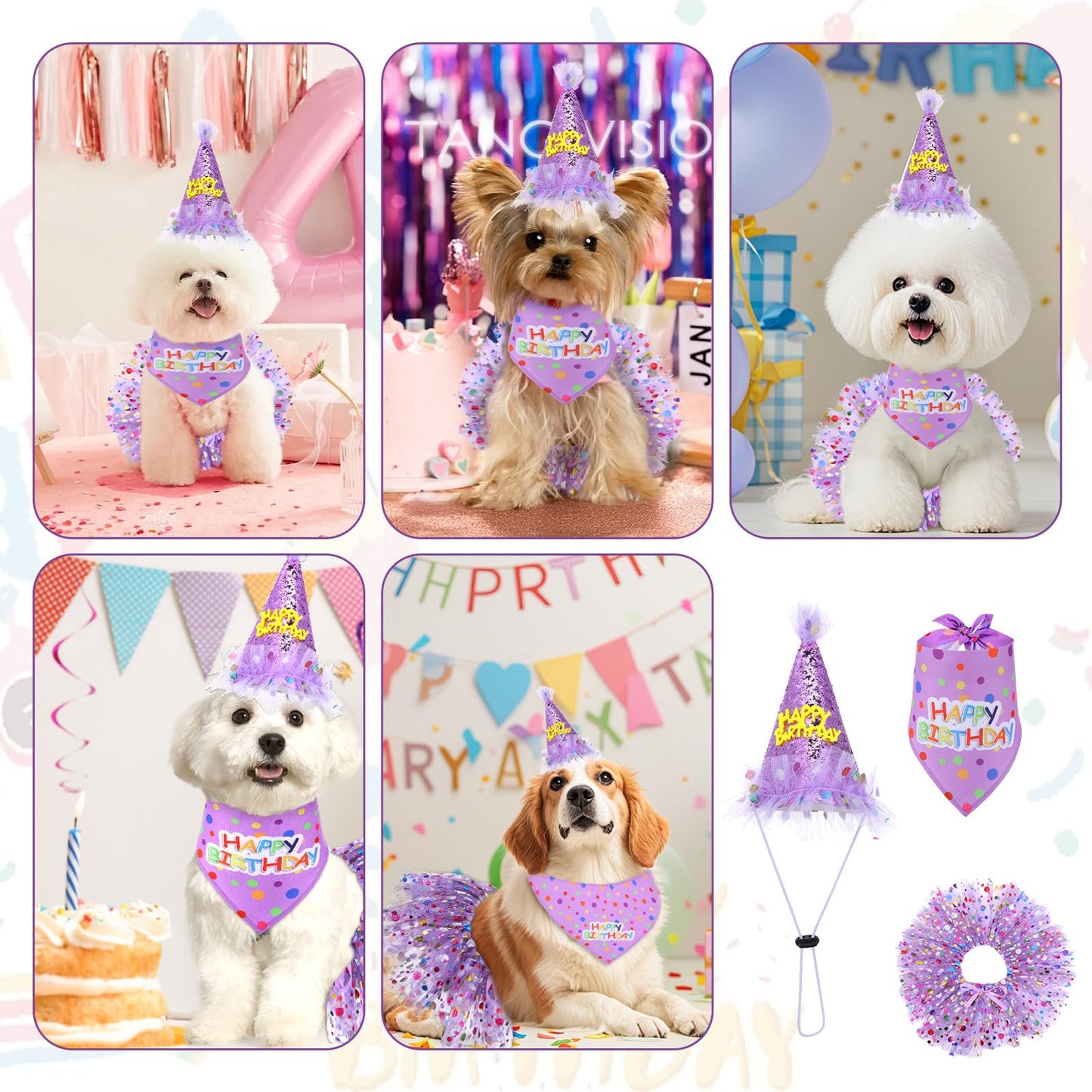 Dog Birthday Bandana with Hat and Dress Girl Set Puppy Birthday