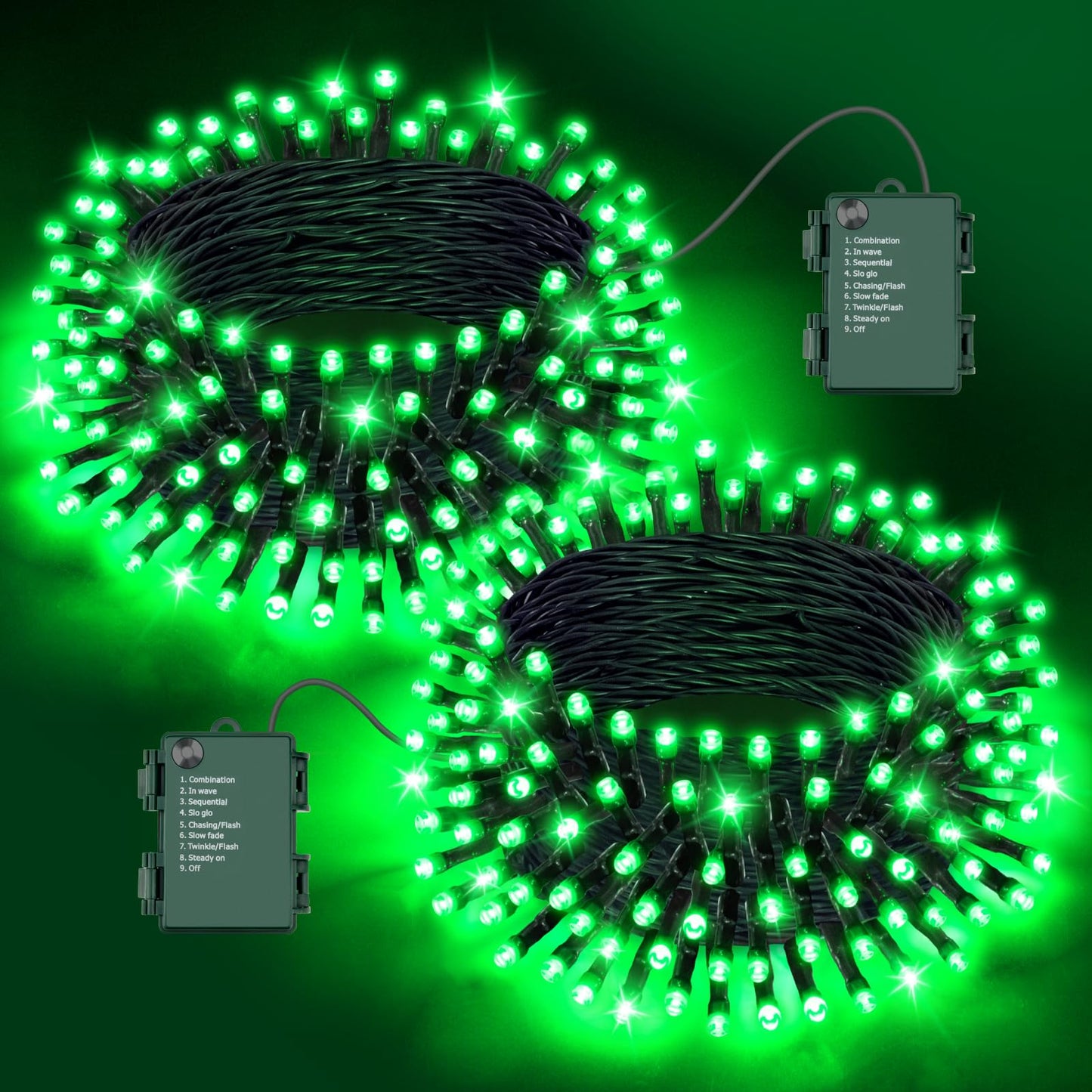 FFZZKJ Halloween Lights Outdoor 8 Modes Total 100 LED with Timer Waterproof 16.4Ft*2, 50LED*2 Fairy Lights Battery Operated for Halloween Decorations, Green