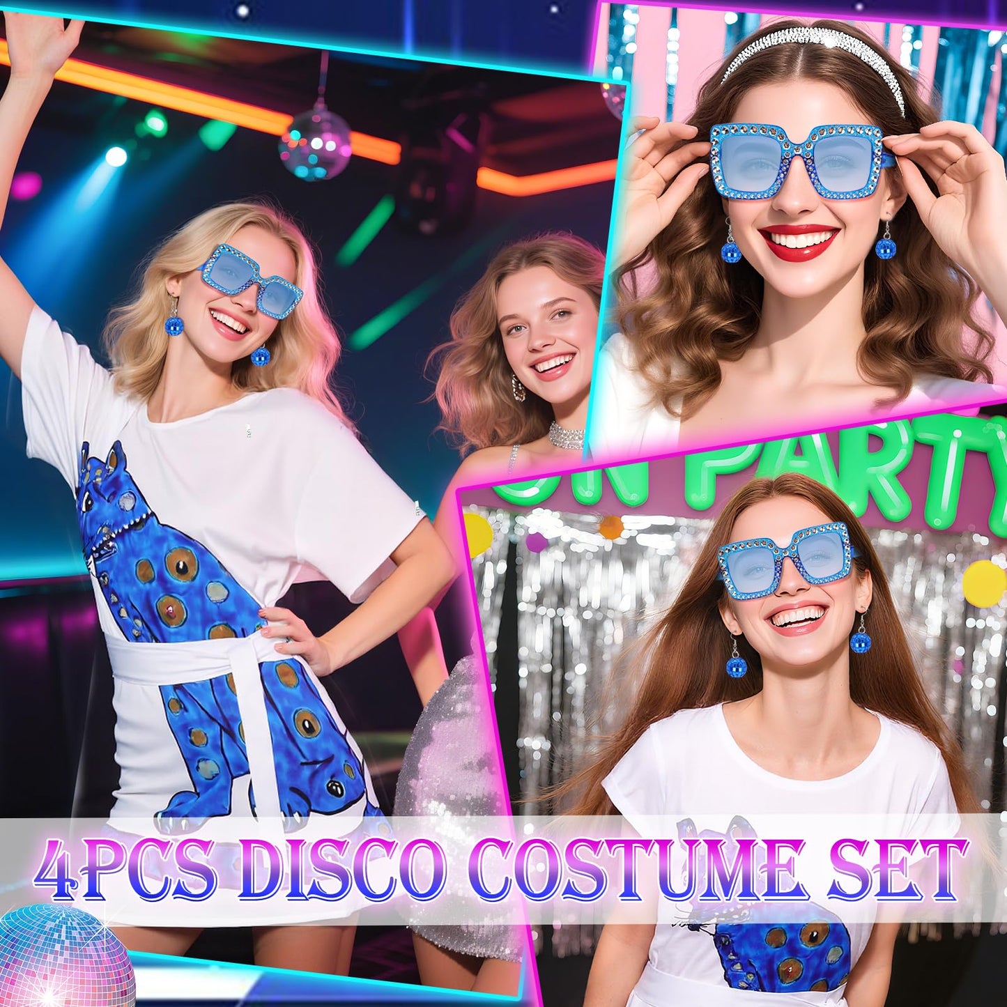 Kyndara 4Pcs Abba Costumes for Women, 70s Disco Fancy Dress Kit with 70s Vintage Dress Glasses Disco Ball Earrings Inflatable Microphone for Girls Theme Party Birthday Dance (Style-2, XL)