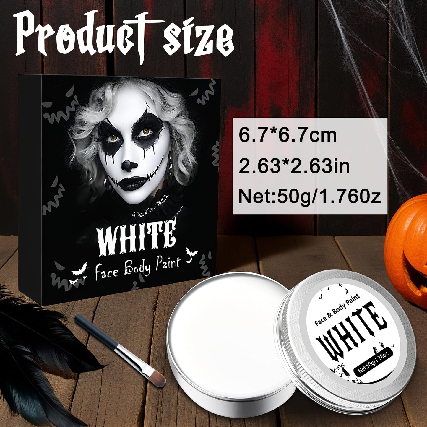 50g White Face Paint Halloween - 1.76oz Halloween Makeup Kit Kids Adults With Brushes, Professional Body Paint Set for Zombie Vampire Skeleton Joker Clown Witch Day of the Dead, Fancy Dress Festivals
