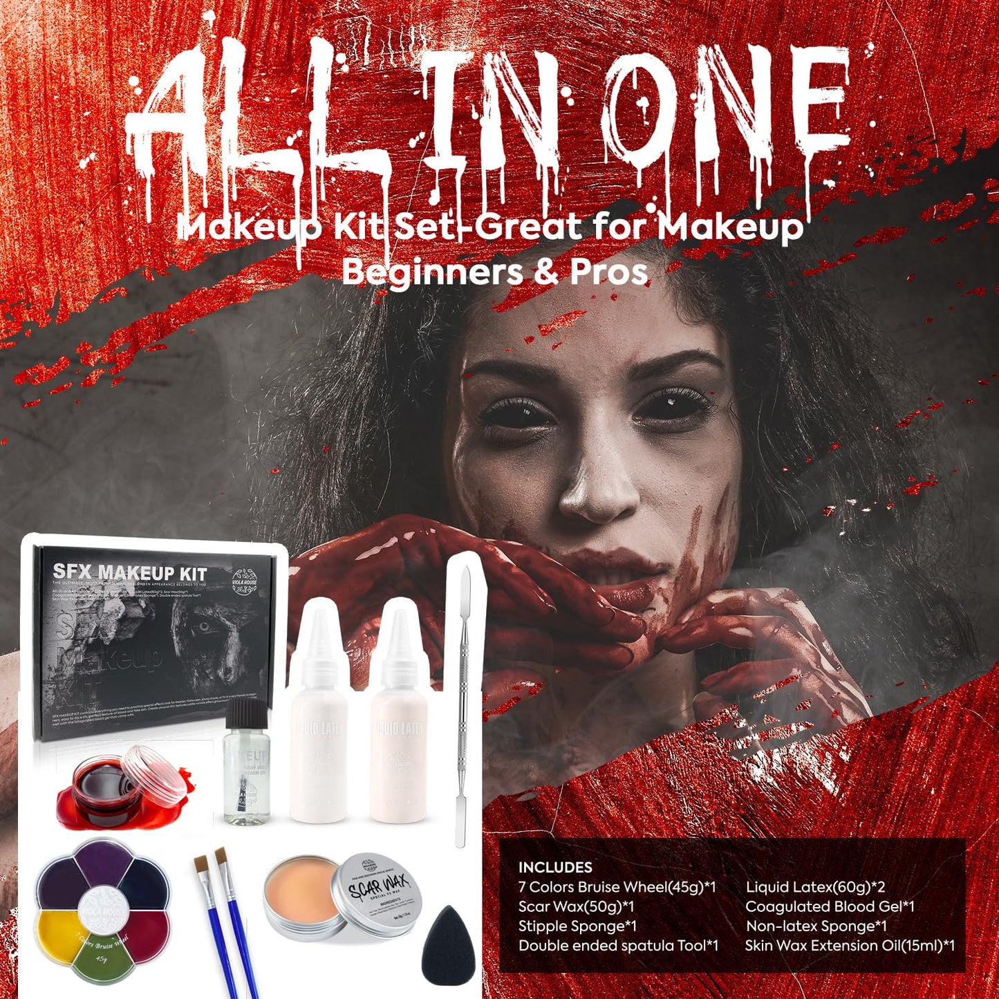VIOLA HOUSE Halloween Special Effects Makeup, Christmas New Year Gift, 7 Colours Bruise Wound Face Body Paint + Scar Wax + Scar Oil + Liquid Latex + Fake Blood + Spatula + Stipple Sponge + Brush.