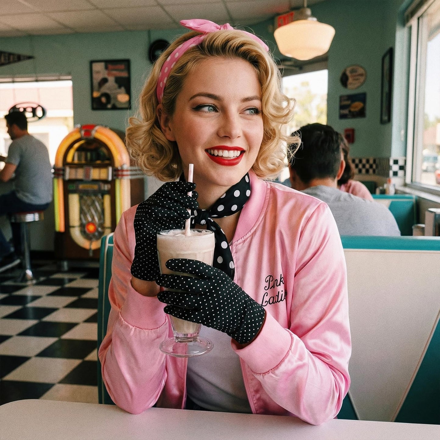 Amycute Women Pink Ladies Jacket 1950s Pink Satin Jacket Grease Fancy Dress