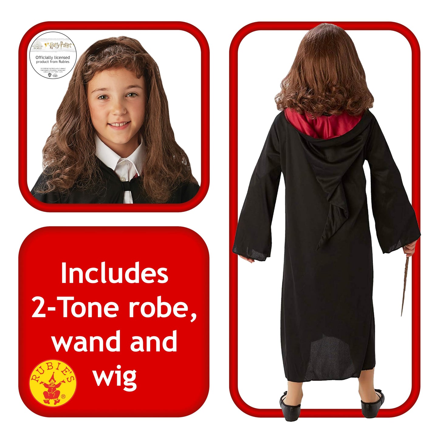 Rubies Official Harry Potter Hermione Granger Gryffindor Costume Set, with Robe, Wig and Wand, One Size Approx Age 4-8 Years, Black Halloween