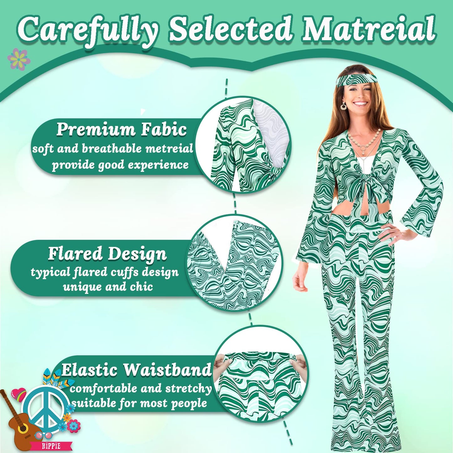 60/70s Disco Fancy Dress for Women, 1970s Hippie Costume Outfit with Flared Top Trousers Headband Necklace Earrings Bracelet Waist Chain Glasses Hippy Style Clothes for Ladies Dress Up Retro Party