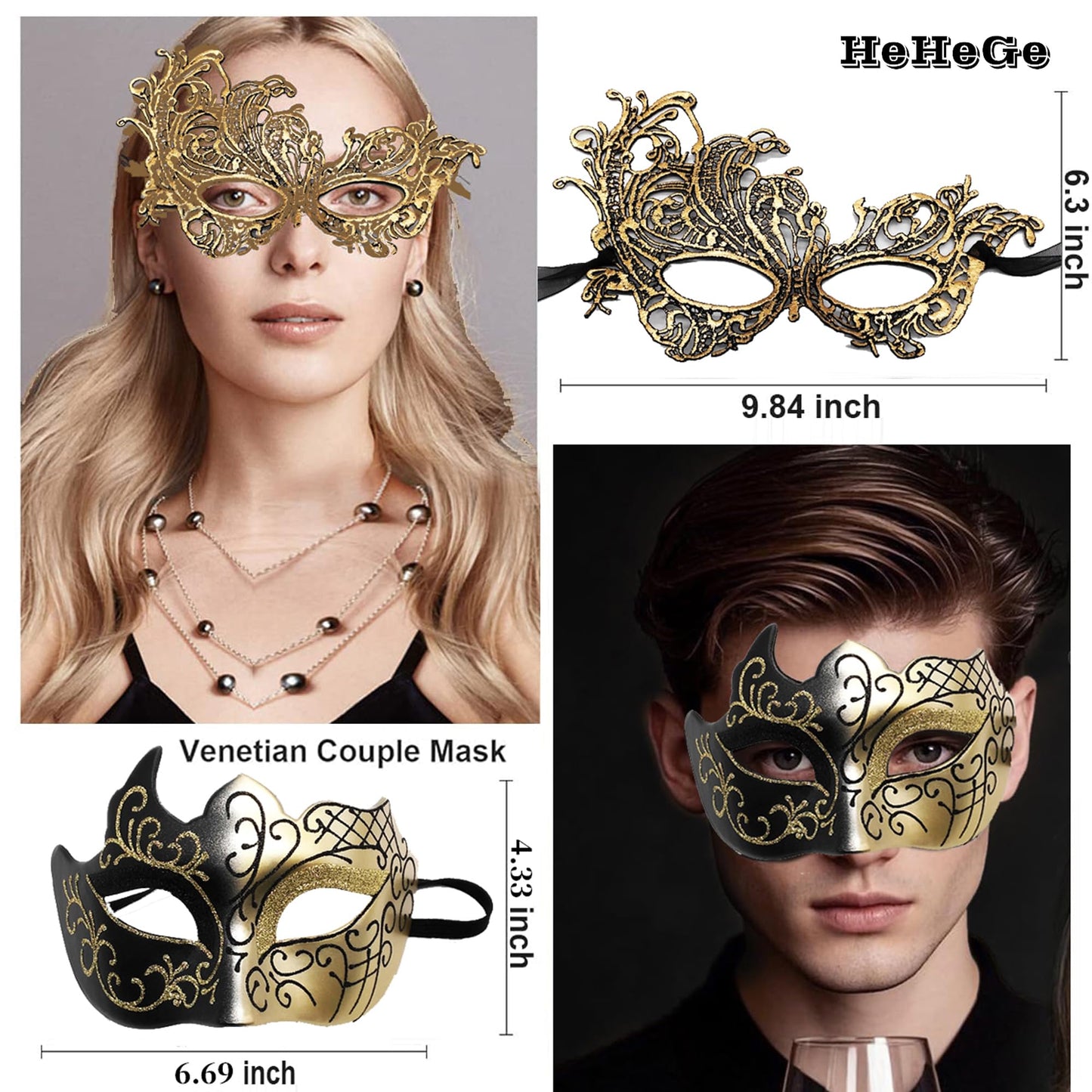 HeHeGe 2 Pcs Masquerade Mask, Lace Half-FaceMasks, Masquerade Masks for Couples,Sexy VenetianCarnival Masks, for Masquerade Venetian Carnival Party Dress Halloween Masks (Gold)