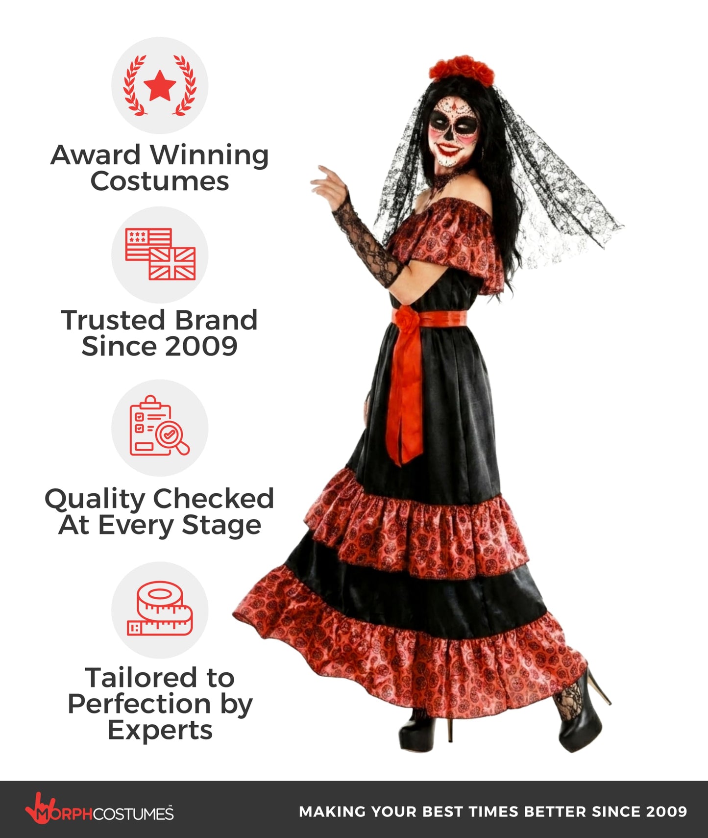 Morph Day Of The Dead Costumes For Women, Dia De Los Muertos Costume Women, Womens Halloween Costume Adult, X-Large