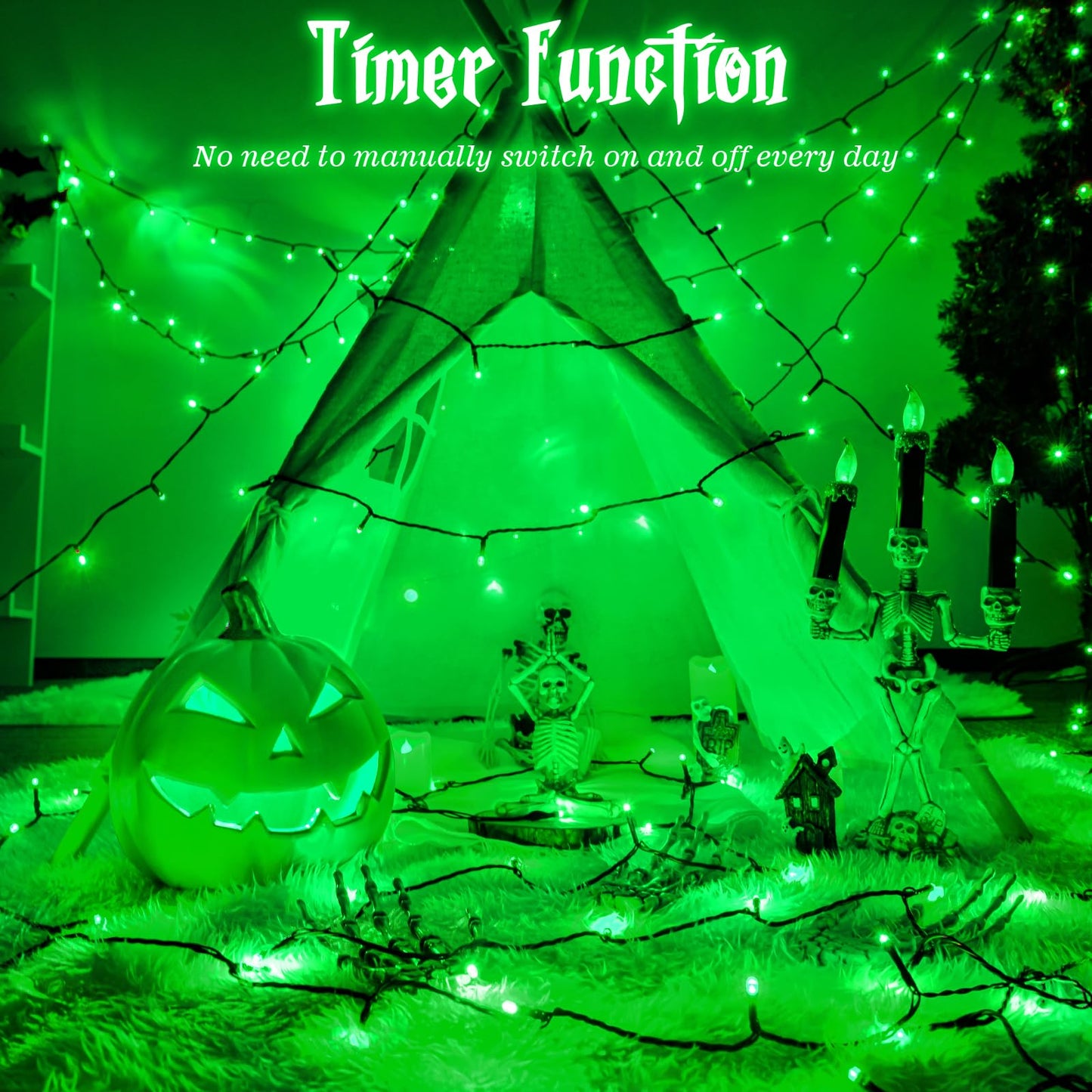 FFZZKJ Halloween Lights Outdoor 8 Modes Total 100 LED with Timer Waterproof 16.4Ft*2, 50LED*2 Fairy Lights Battery Operated for Halloween Decorations, Green