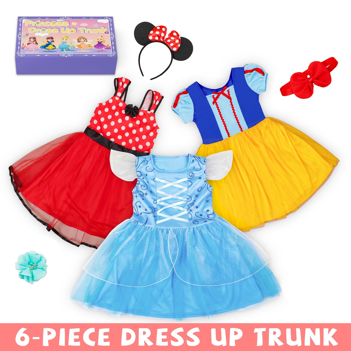 IKALI Princess Dress Up Costume for Toddler Girls, 6 Pcs Fancy Costumes Dresses Outfit Clothes Set for Toddlers 4-6 Years