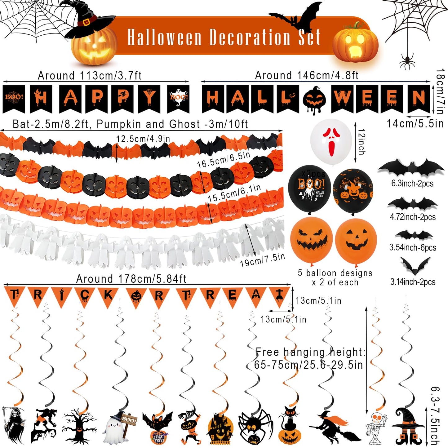 Xyxu Halloween Decorations Indoor Set - Reusable Happy Halloween Decor & Trick or Treat Banners, Ghosts Pumpkin Bat Bunting Garland, Spooky Witch, Skeleton, Spider Hanging Swirl for Party Decorations