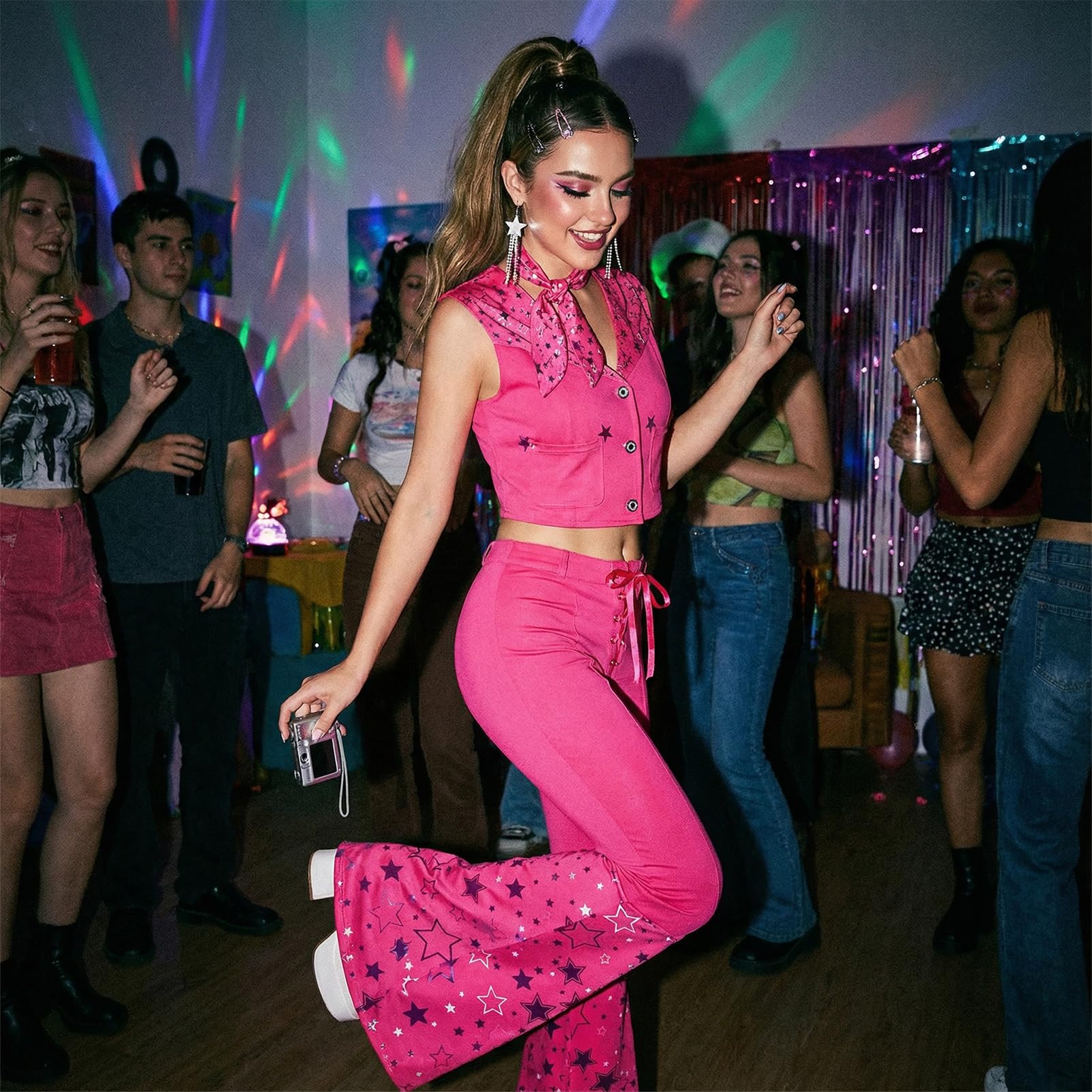 70s Retro Hot Pink Disco Costume - Women's Cowgirl Hippie Flare (image 3)