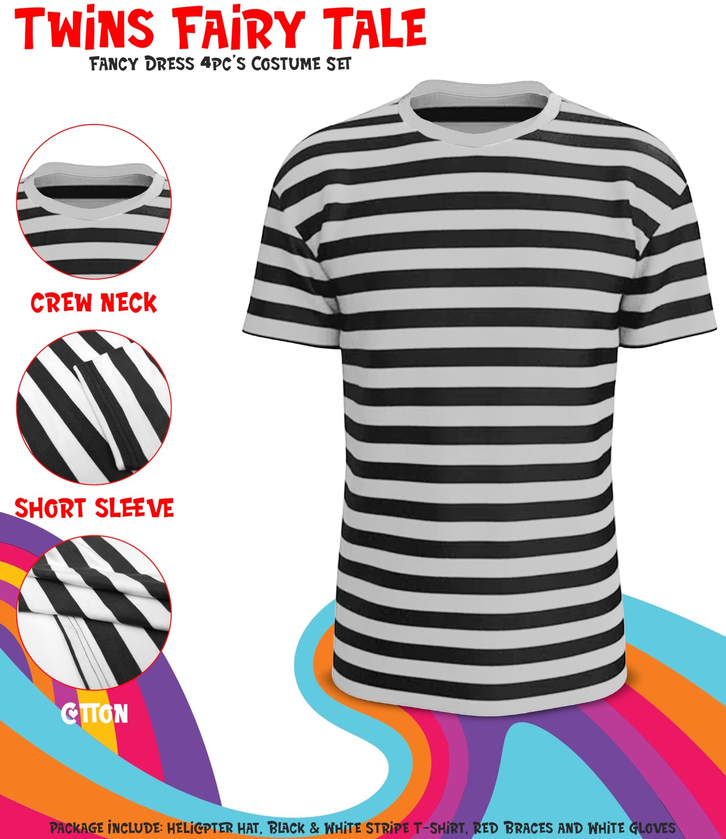 Mega_Jumble Alice in Wonderland Twins Fairy Tale Tweedle Dee or Dum Fancy Dress Costume Set - Black & White Stripe T-Shirt, Helicopter Hat, Braces and Gloves (M)