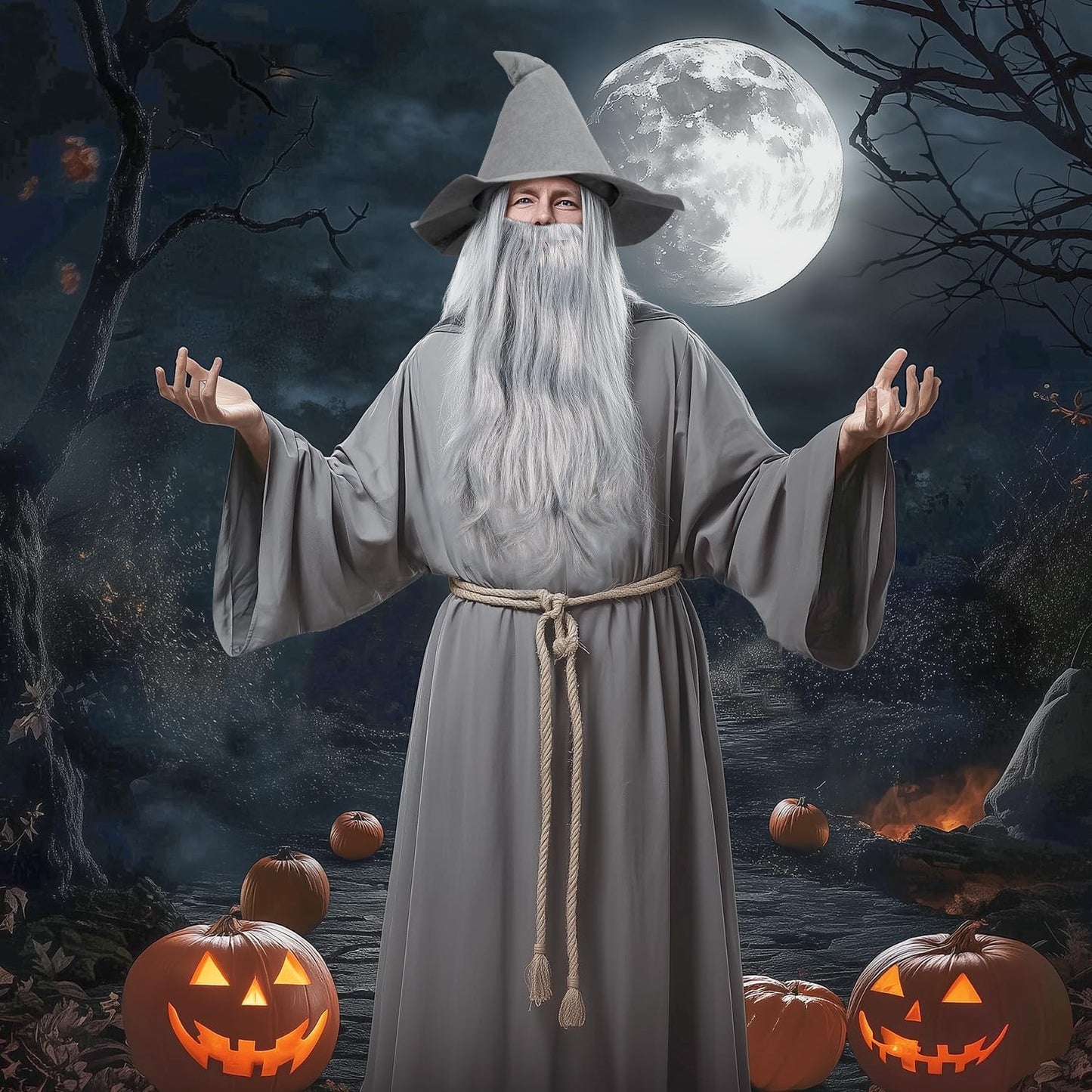 iZoeL World Book Day Costume Adult Teen Gray Wizard Costume Classic Old Wizard Outfit Book Character Dress-Up for Teacher Fancy Dress – Long Robe Hat Long Beard Wig Set