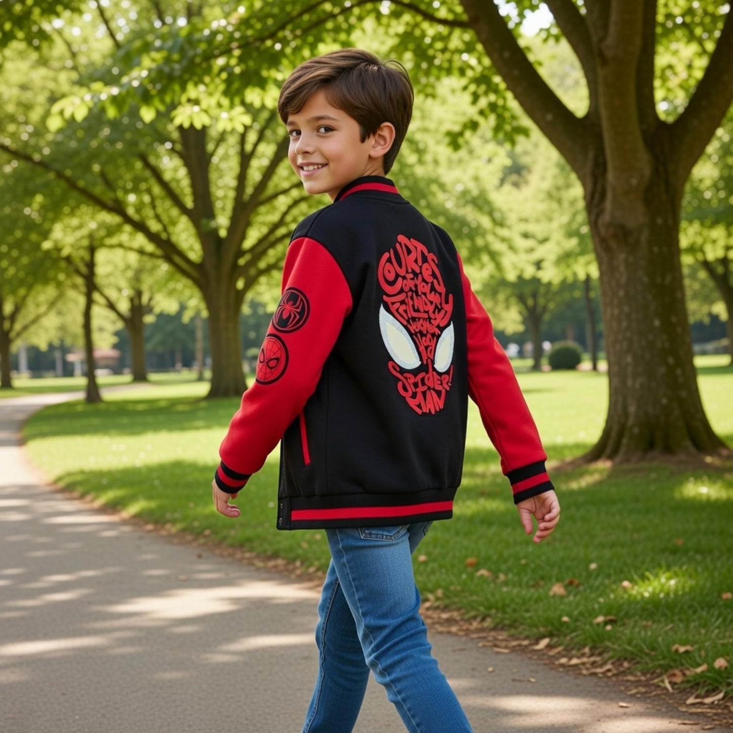 Boys Girls Spiderman Varsity Baseball Jacket With Glow In the Dark Eyes Kids Marvel Spidey Jacket Kids Warm Bomber Coat 7-8 Years