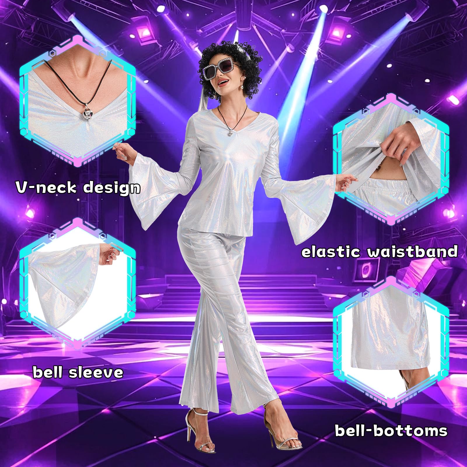 70s Fancy Disco Outfits Women - 70s Shiny Disco Costume Set (image 4)