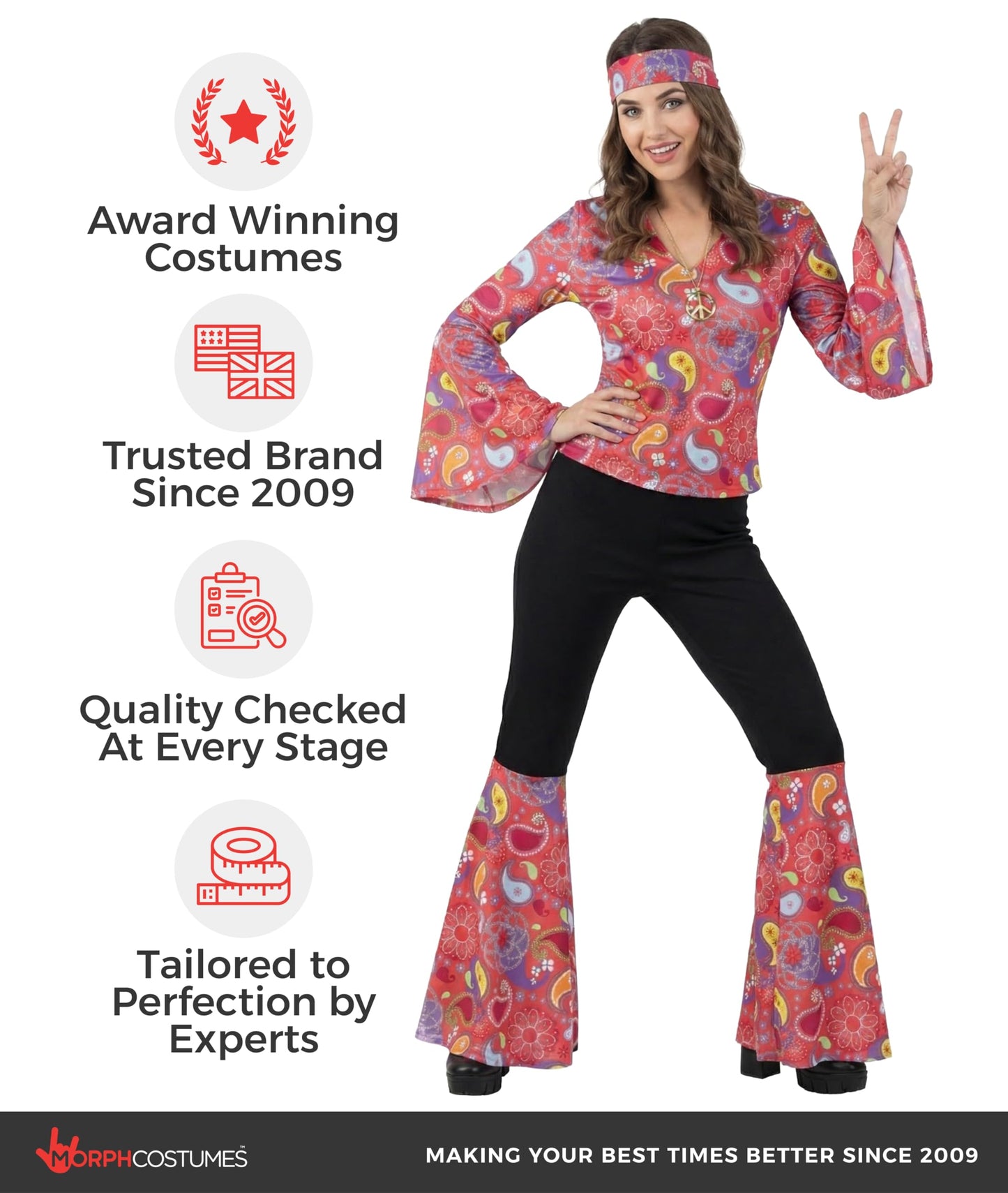 Morph 70s Disco Costume For Women, Hippie Fancy Dress Outfit, 60s Themed Party Attire, Retro Dress For Adults, Medium