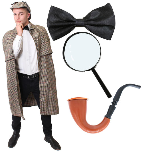 Victorian detective costume with cape, deerstalker hat and magnifying glass