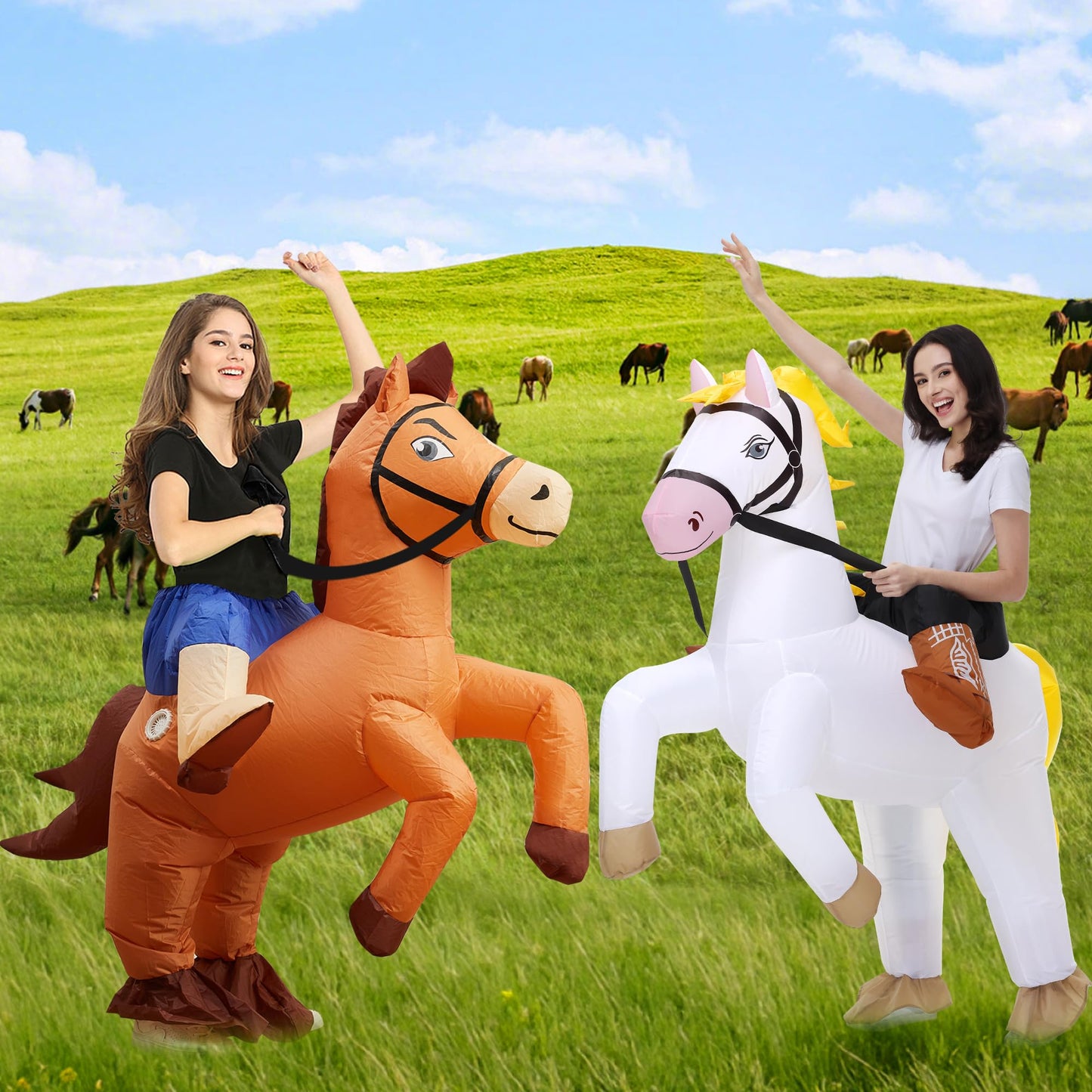 Poptrend Couple Inflatable Horse Costume for Adult, New Ride on Horse Blow Up Costume for Double Men Women Halloween Cosplay Party