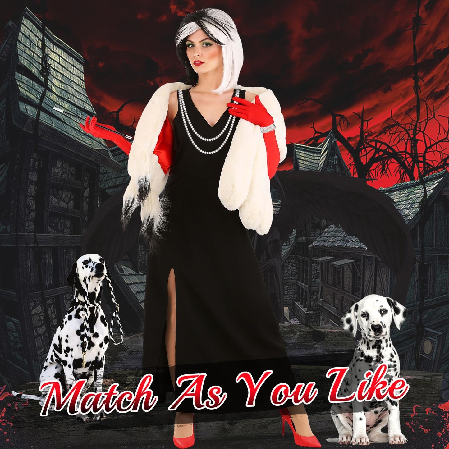 UxClishe 7 Pcs Cruella Costume Accessories Set, Cruella Fancy Dress Kit with Cape Gloves Wig for World Book Day