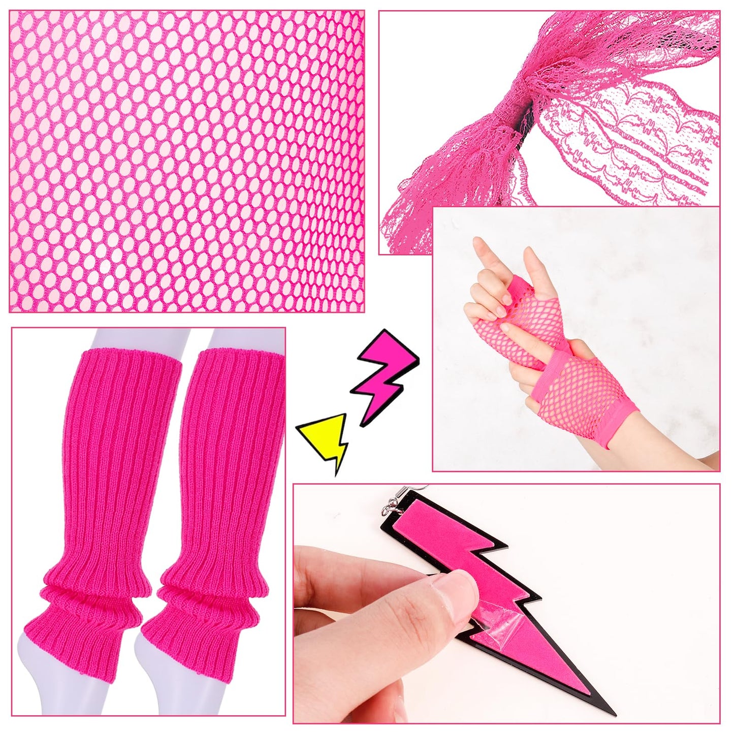 FRIUSATE 80s Fancy Party Costume Accessories Set,Pink Halloween Costumes for Girls,80s Fancy Dress Costumes Accessories with Headband Gloves Leg Warmers Necklace Bracelet Earrings Mesh T-shirt