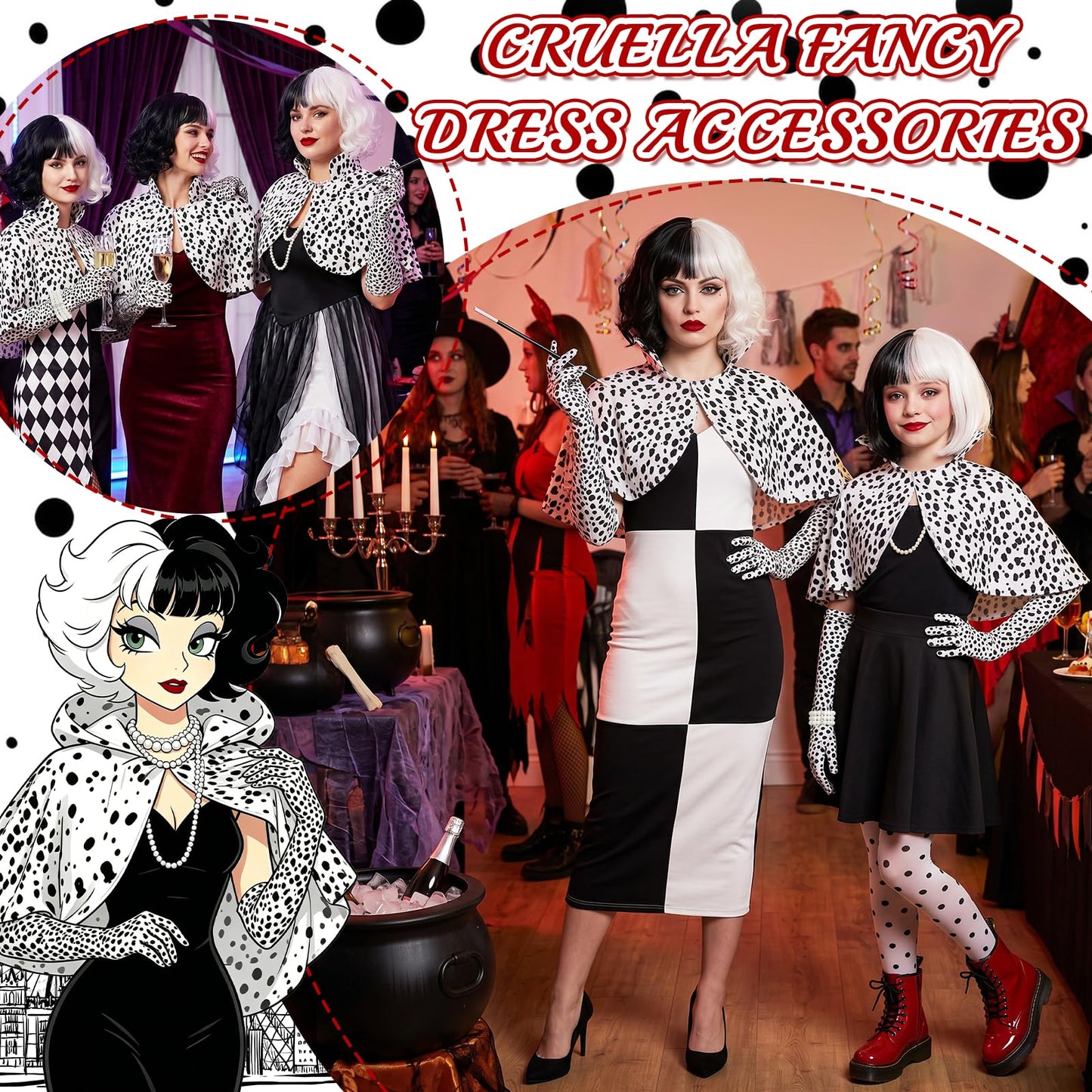 Cruella Costume Accessories Set for Women - Villain Fancy Dress Kit