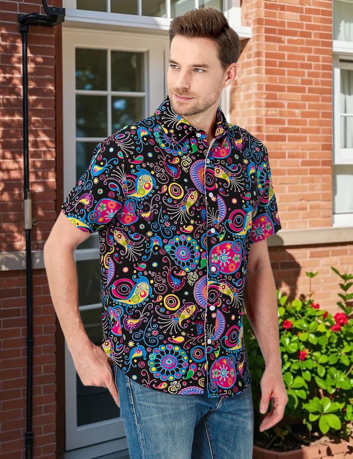 COSAVOROCK Mens 70s Hippie Shirt Hippy Fancy Dress Ugly Funky Casual Hawaiian Shirts L