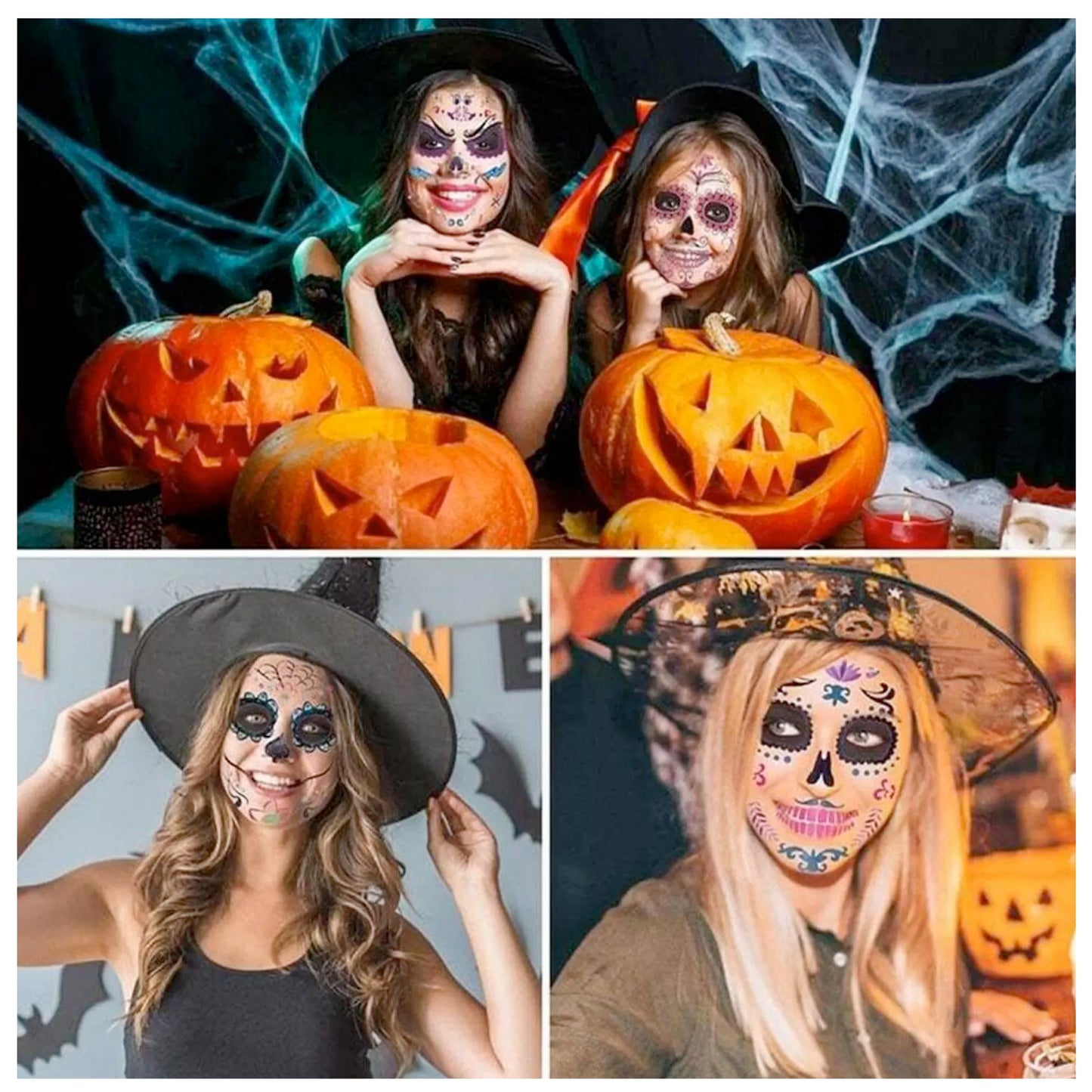 12 PCS Day of the Dead Costume Tattoos for Halloween - Temporary Sugar Skull Face Stickers for Makeup, Masquerade, Parties. Face & Body Tattoos for Events
