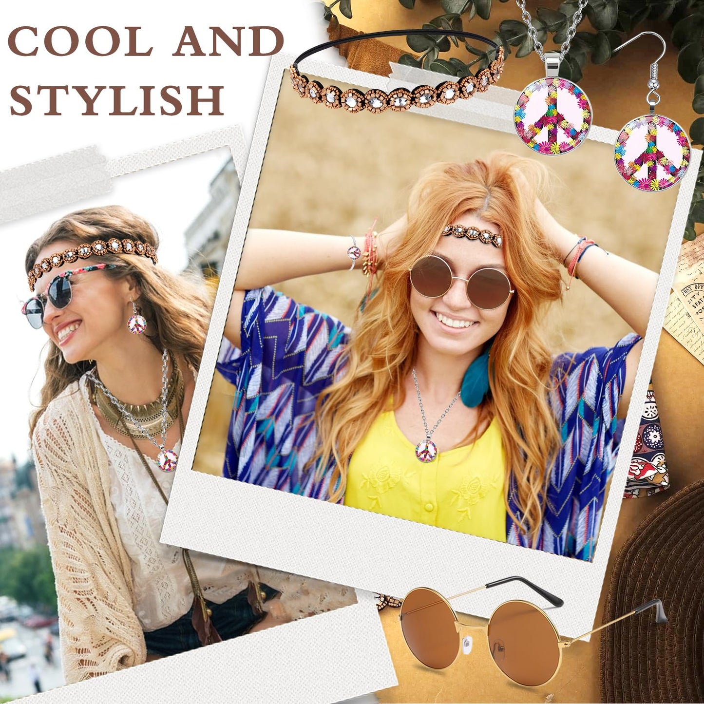 UxClishe 8 Pcs Hippie Costume Set for Women, 60s 70s Hippiy Fancy Dress Outfit Hippie Dress Up with Headband Fringe Vest-XL