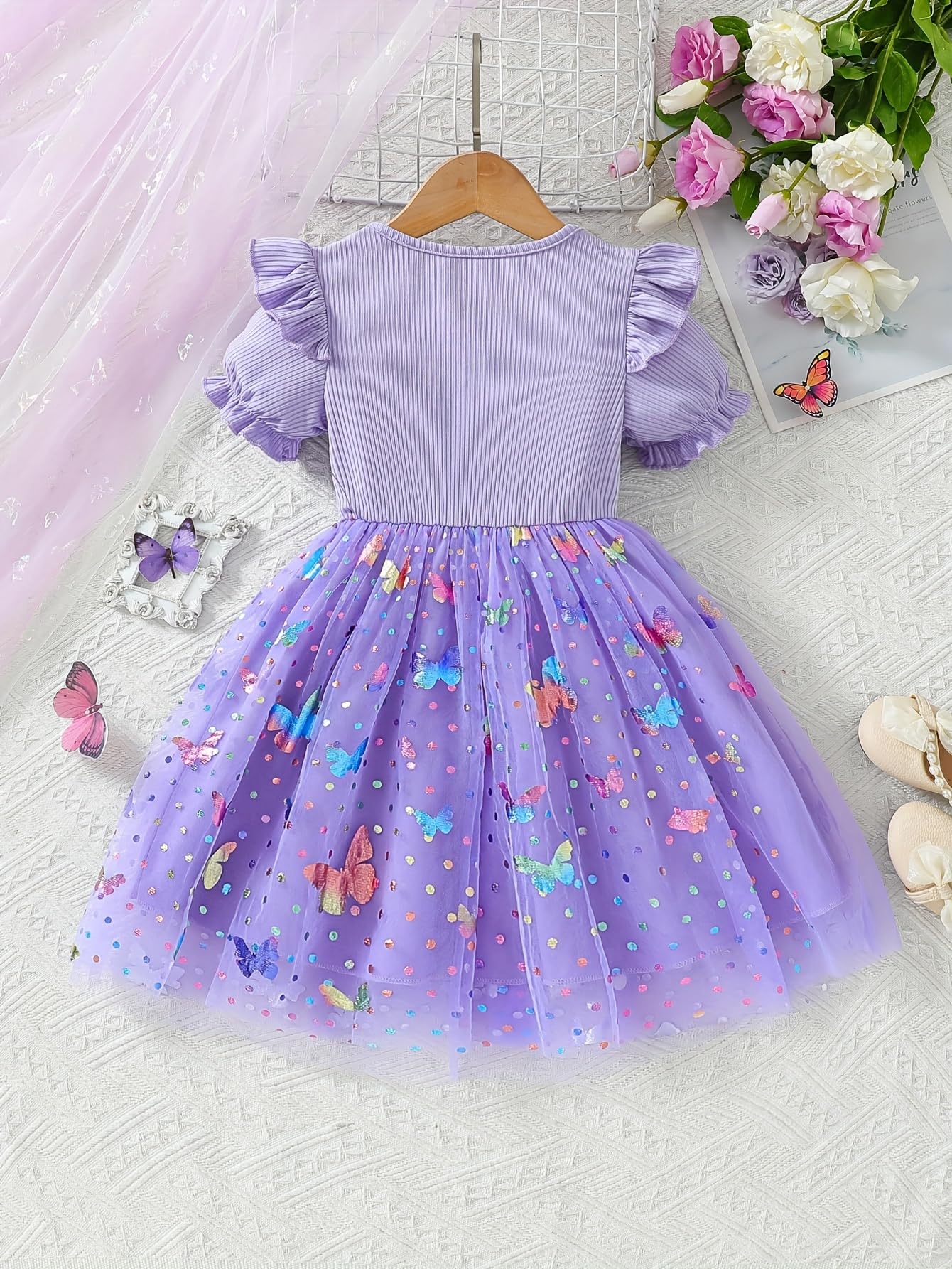 Girls Purple Flower Girl Dress Tulle Tutu Princess Dress Butterfly Dress with Ruffle Sleeves and Bowknot, Birthday Dress for Girls Aged 3 Years, Ideal for Spring Outings and Family Gatherings